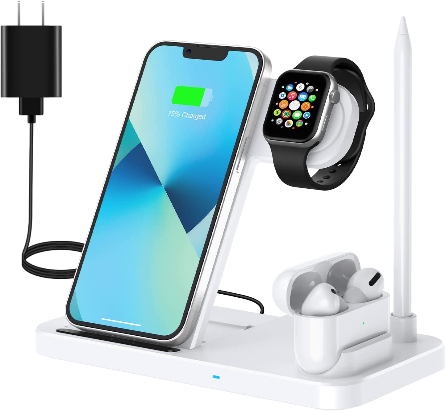 Wireless Charging Station - 4 in 1 Wireless Charger Charging Stand Compatible with Iphone 14 plus Pro Max 13 Pro Max 12 Pro Max SE 11Pro X XR Xs Max 8 plus - Apple Watch Series Airpods 1 2 3 Pro  ESTAVEL White  