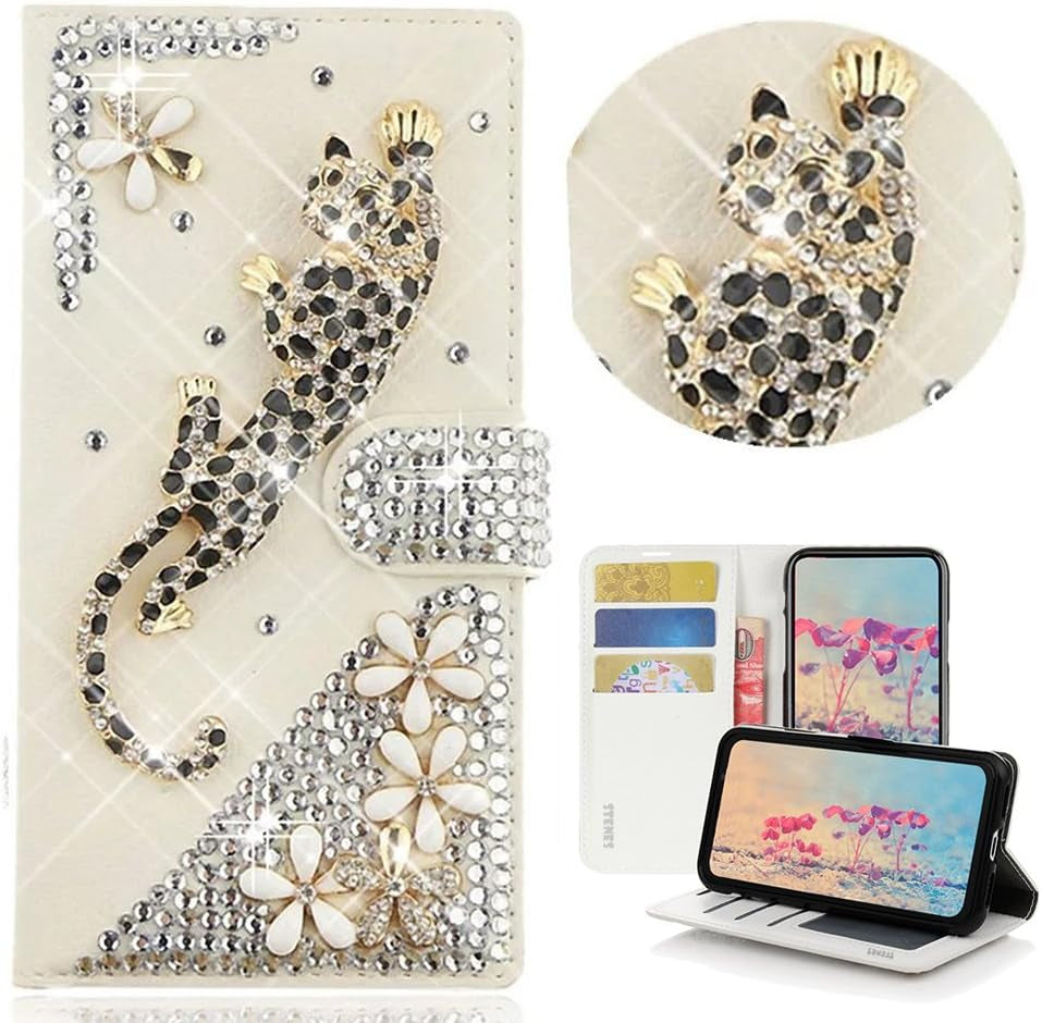 STENES LG G6 Case, LG G6 plus Case - Stylish - 3D Handmade Bling Crystal Butterfly Flowers Floral Wallet Credit Card Slots Fold Stand Leather Cover Case for LG G6/LG G6 plus - Blue  STENES Leopard Flowers / Gold  