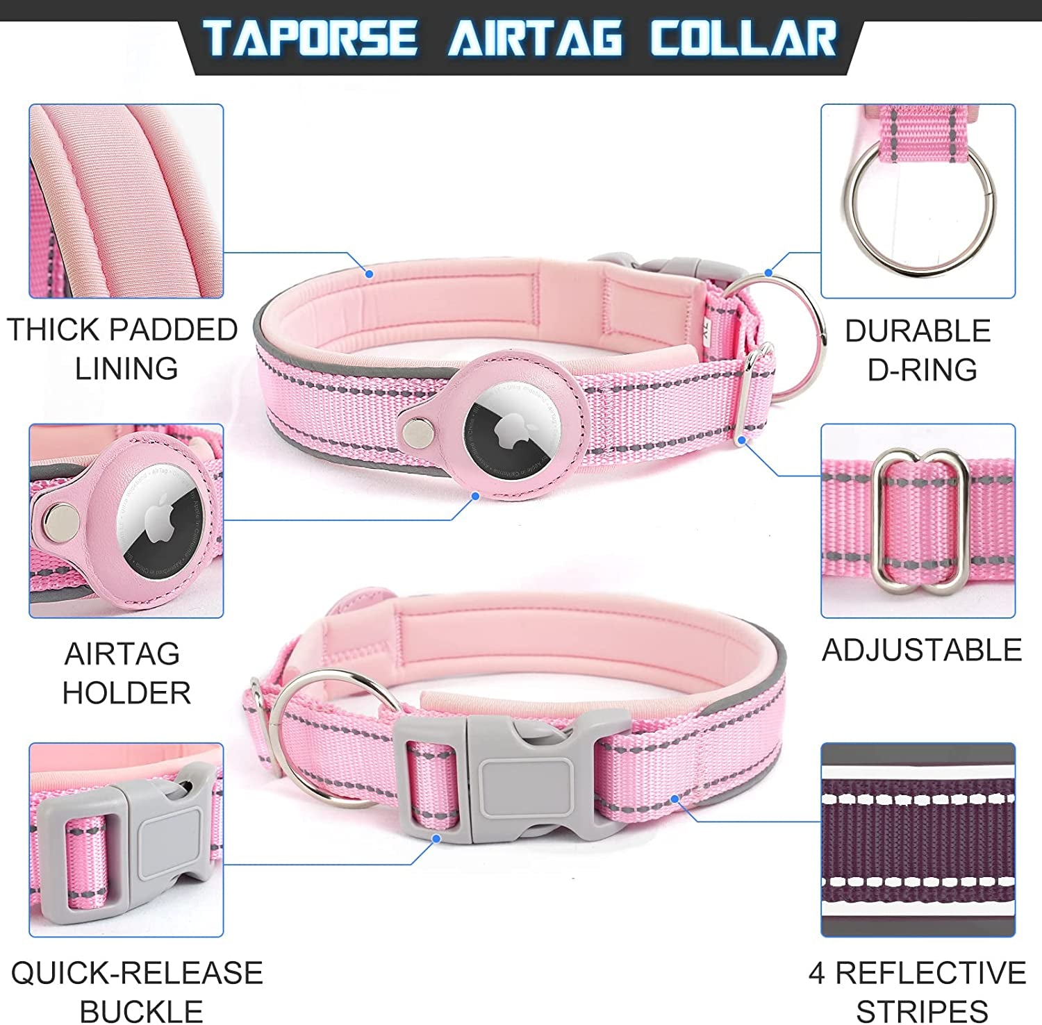 Reflective Airtag Dog Collar, Heavy Duty Apple Air Tag Dog Collar, Padded Pet Collar with 2022 Updated Airtag Dog Collar Holder Case, Adjustable for Small Medium Large Breeds  Taporse   