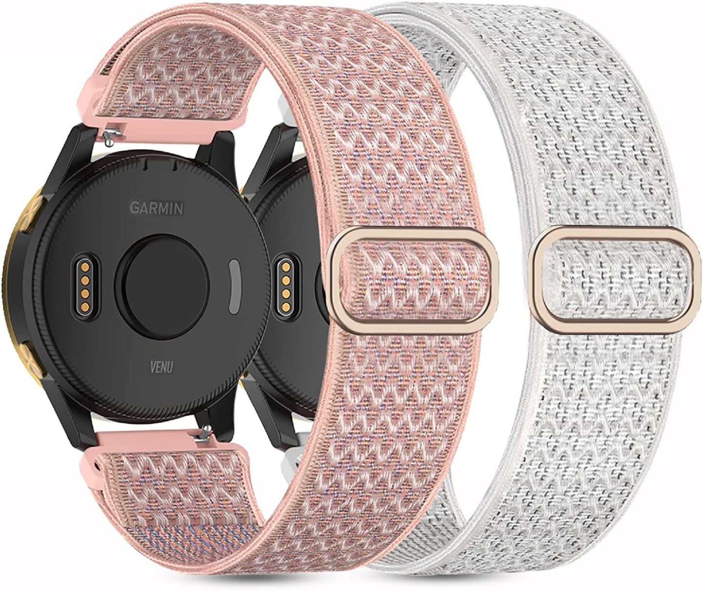 2 Pack Stretchy Nylon Watch Bands Compatible with Garmin Venu/Venu Sq, 20Mm Loop Elastic Straps for Garmin Vivoactive 3,Venu 2 Plus/Venu Sq 2,Forerunner 645/55/245 Music for Women Men.  Kollody White/Pink  
