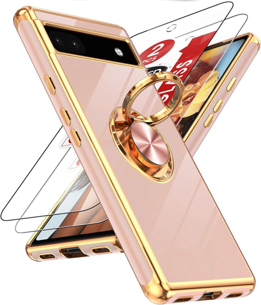 Leyi for Pixel 6A Case: with Tempered Glass Screen Protector [2 Pack] 360° Rotatable Ring Holder Magnetic Kickstand, Plating Rose Gold Edge Protective Google Pixel 6A Case, Pink  LeYi   