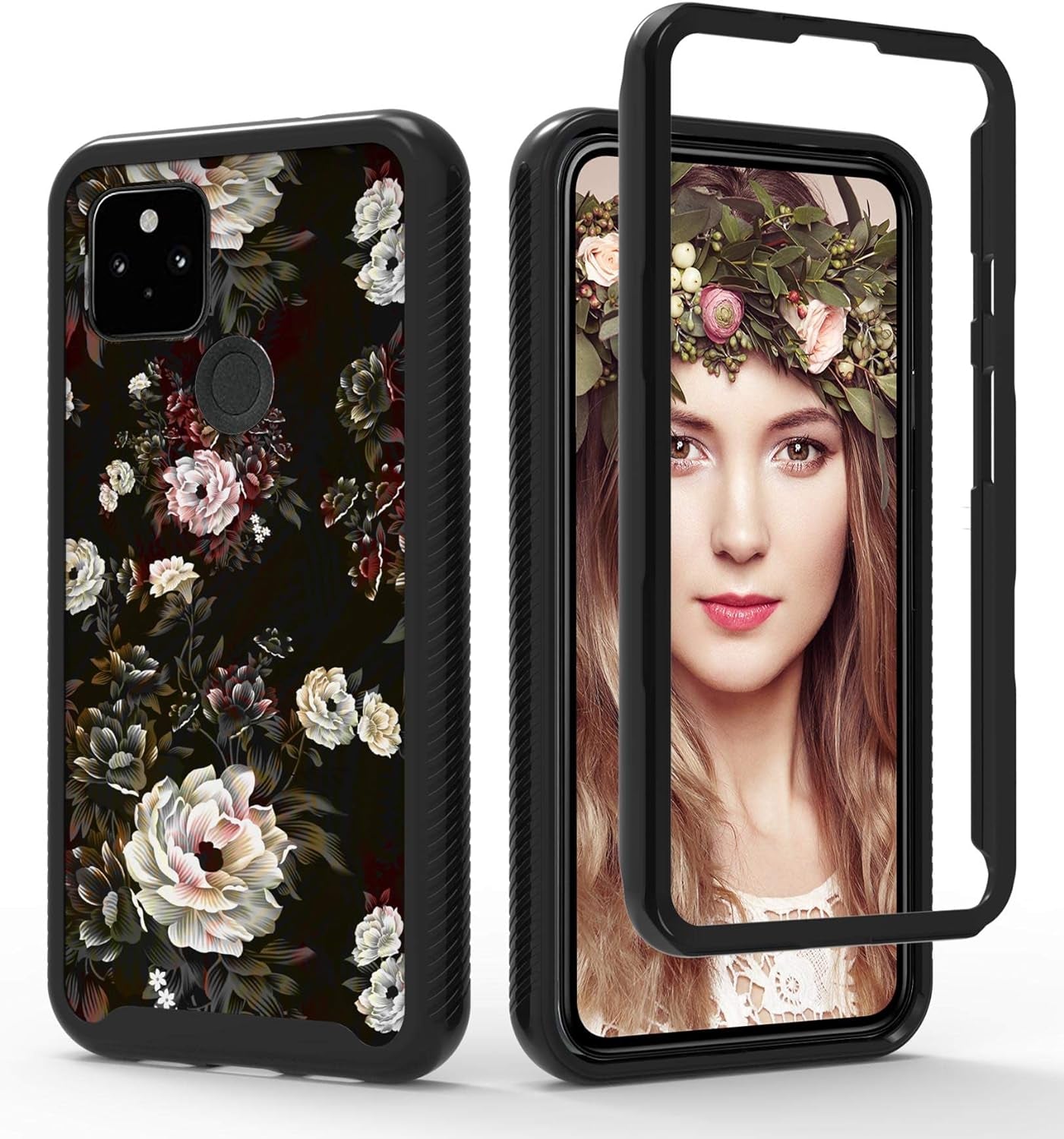 Shinymax Pixel 5 Case with Roses Design,Google Pxiel 5 Phone Case,Hybrid Triple Layer Armor Protective Cover Flexible Sturdy Anti-Scratch Shockproof Bumper Cute Case for Women and Girls-Flowers/Black  ShinyMax   
