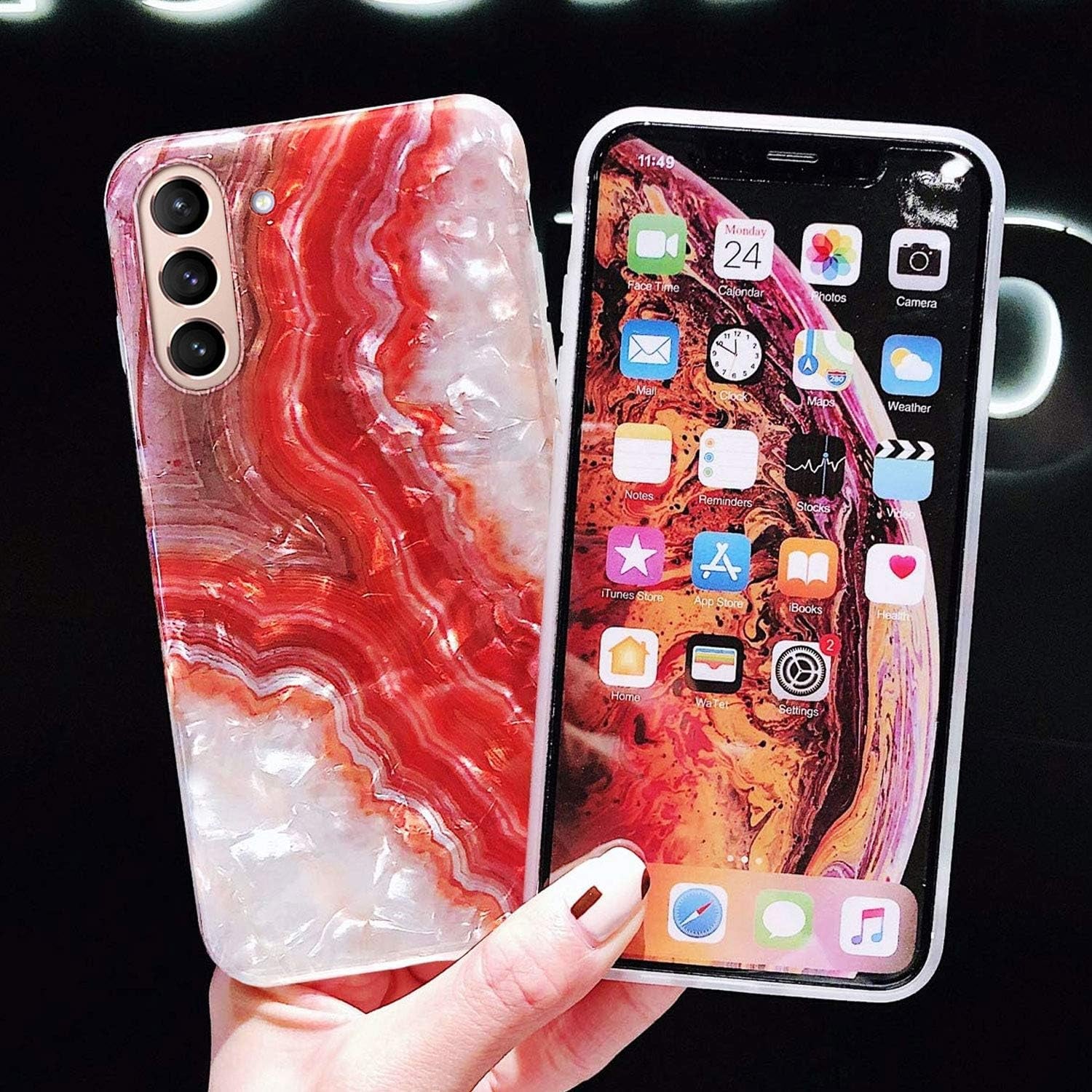 J.West Galaxy S21 plus Case 5G 6.7-Inch, Luxury Sparkle Red Agate Marble Print Translucent Clear Glitter Pearly Design Soft Silicone Cover for Women Girls Slim TPU Sturdy Protective Phone Case Red  J.west   