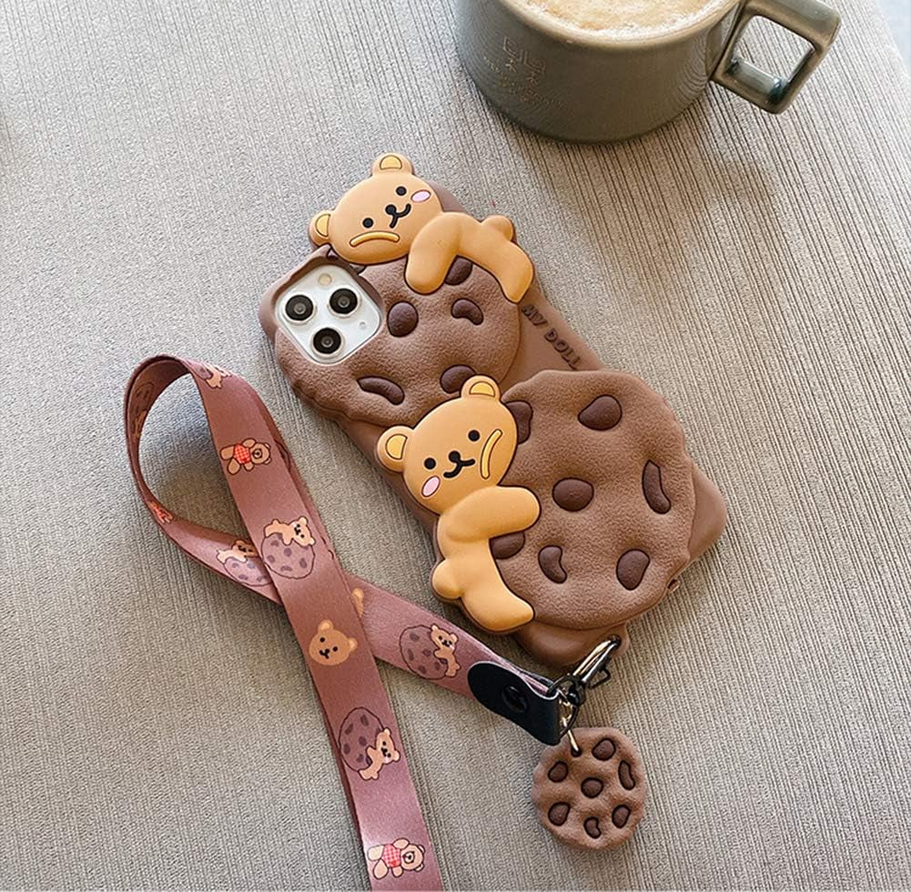 Yatchen for Iphone 12/12 Pro Case Cookie Bear Kawaii Phone Cases,Cute Iphone 12 Case with Strap Lanyard 3D Cartoon Bear Soft Silicone Protective Case Funny for Iphone 12 Pro Women Girls  Yatchen   