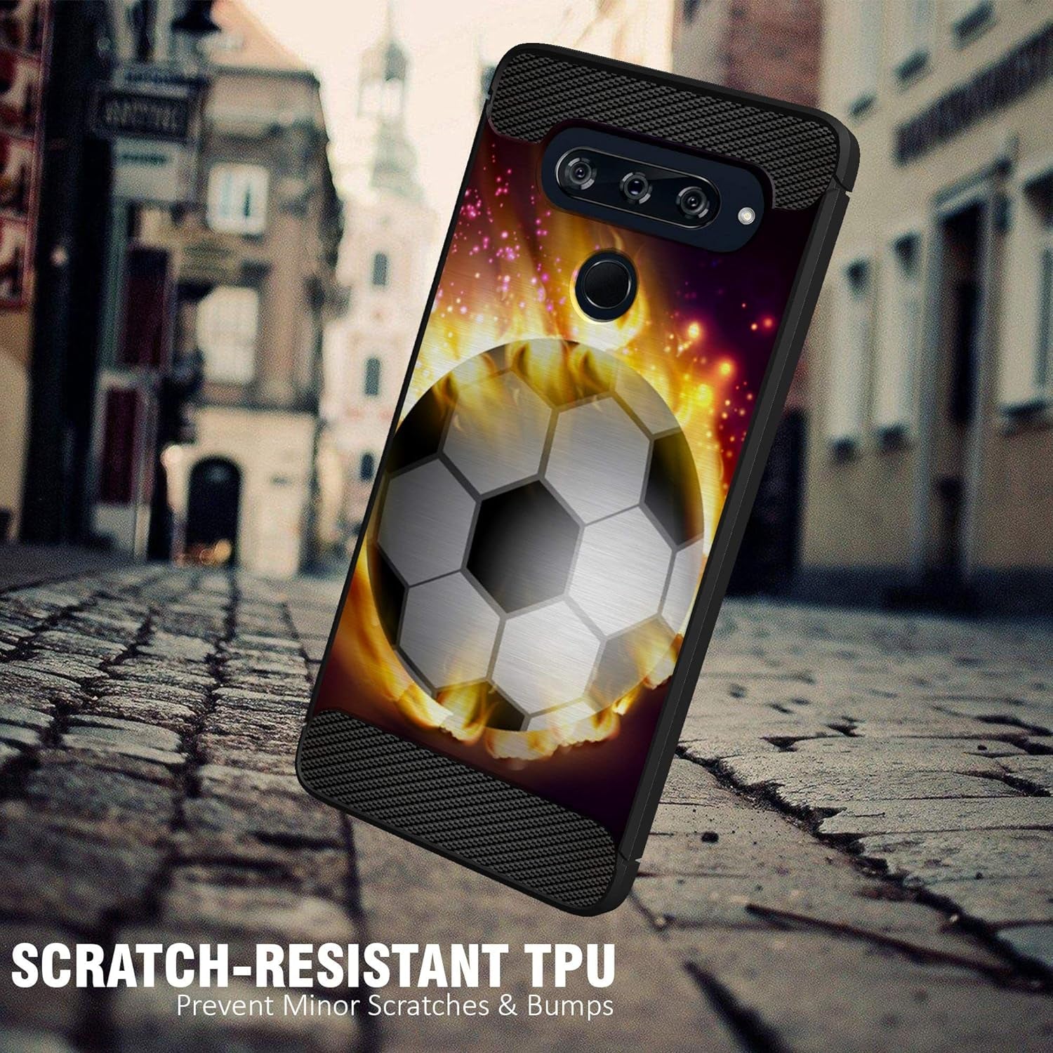 Casesondeck Sports Case Compatible with LG V40 Thinq- Flex Max Matte TPU Perfect Fitted Case Slim and Elegant (Soccer Fire)  CasesonDeck   