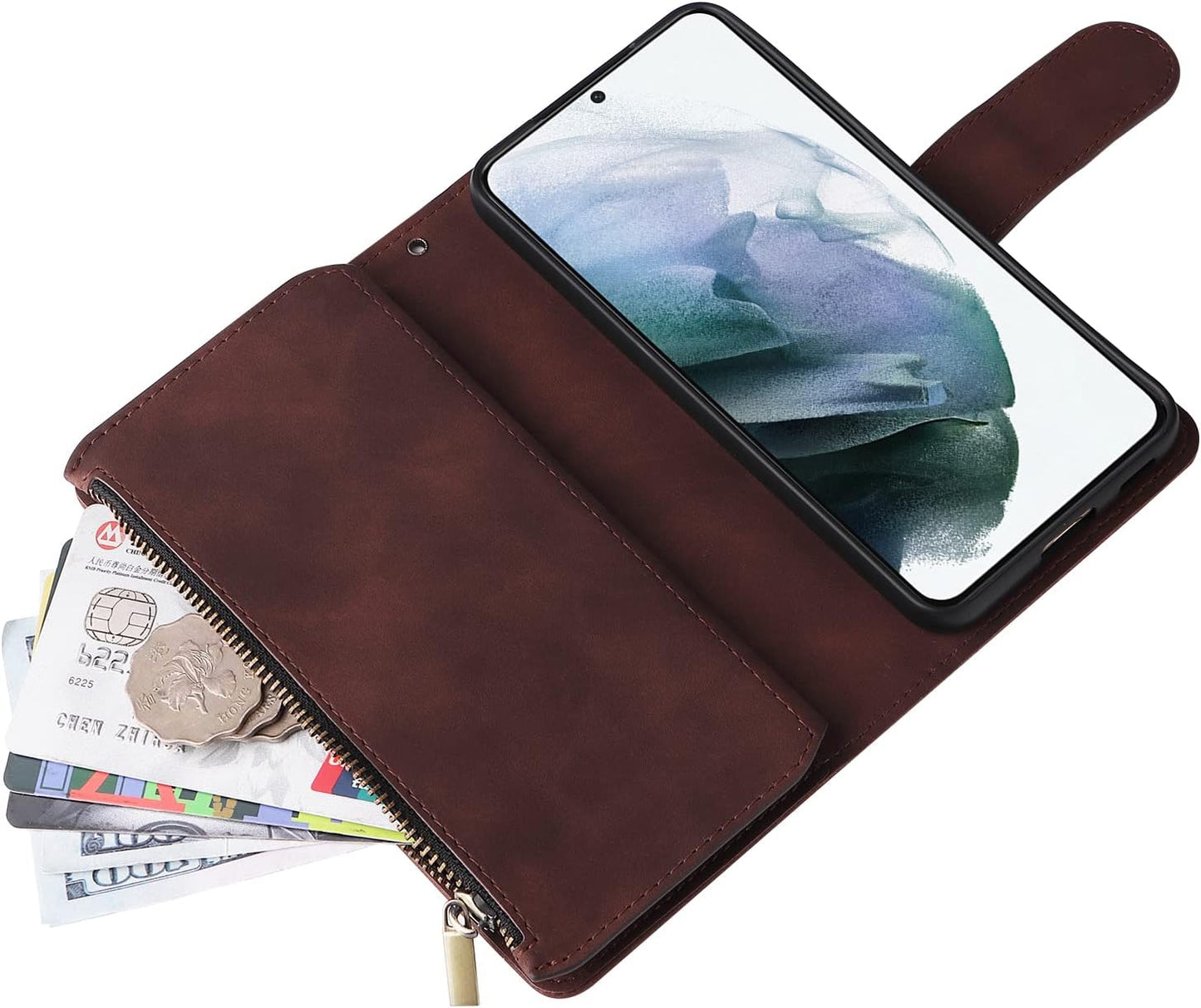ZZXX Samsung Galaxy S22 Case Wallet with Card Slot Premium Soft PU Leather Zipper Flip Folio Wallet with Wrist Strap Kickstand Protective for Galaxy S22 Wallet Case(Coffee-6.1 Inch)  ZZXX   