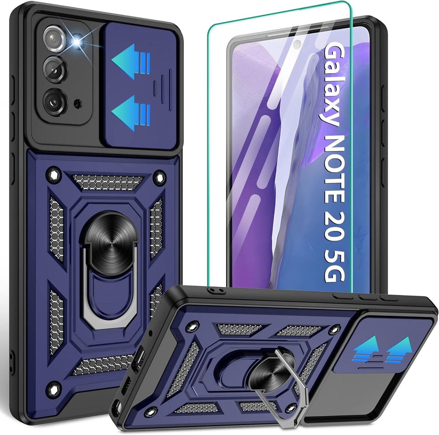 Compatible with Samsung Galaxy Note 20 5G Case,Samsung Note 20 Case with HD Screen Protector with Slide Camera Cover, 360°Rotation Ring Kickstand [Military Grade] Case for Galaxy Note 20,Silver  Gritup Blue  