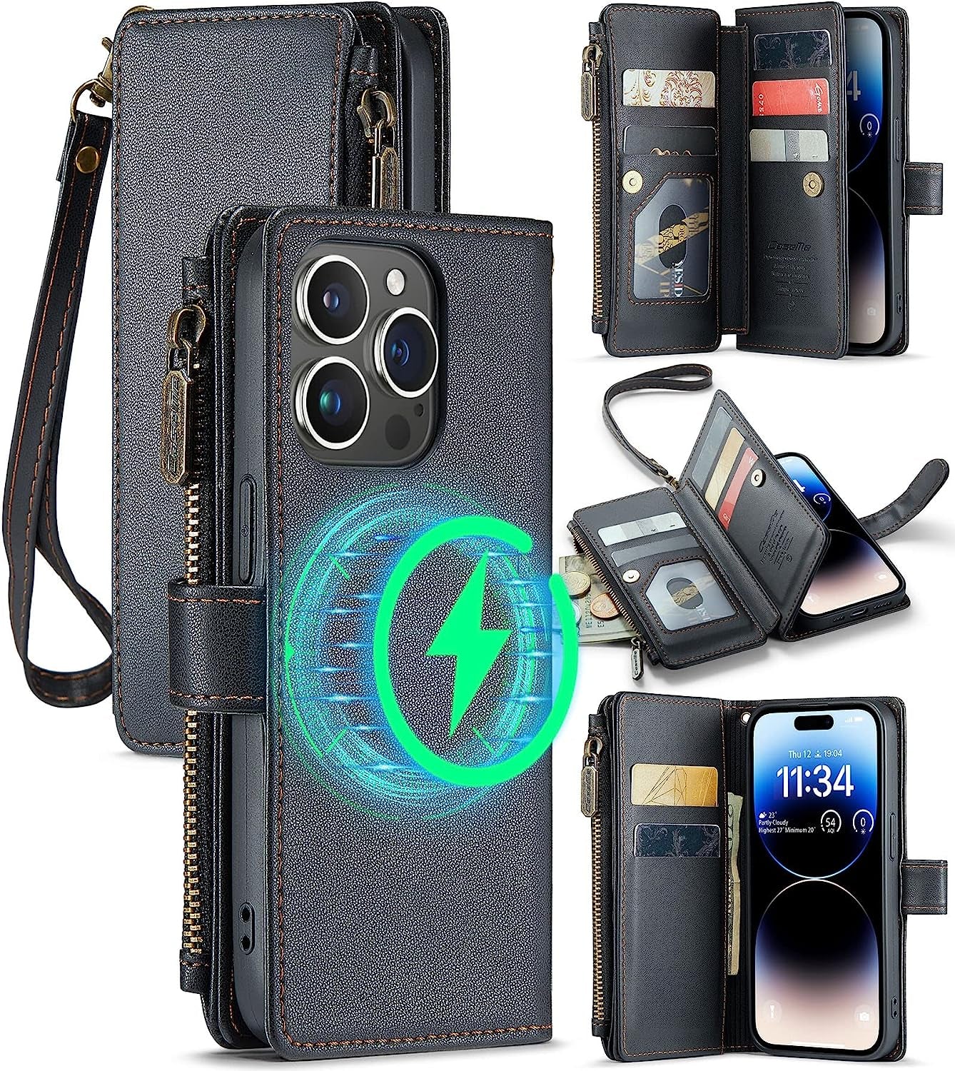 FLIPALM Wallet Case for Iphone 14 Pro(6.1") Flip Case,Compatible with Magsafe Charger,Pu Leather Zipper Protective Lanyard Strap Wristlet Case with Magnetic Closure and Card Holder Luxury Coffee  FLIPALM Black iPhone 14 Pro 