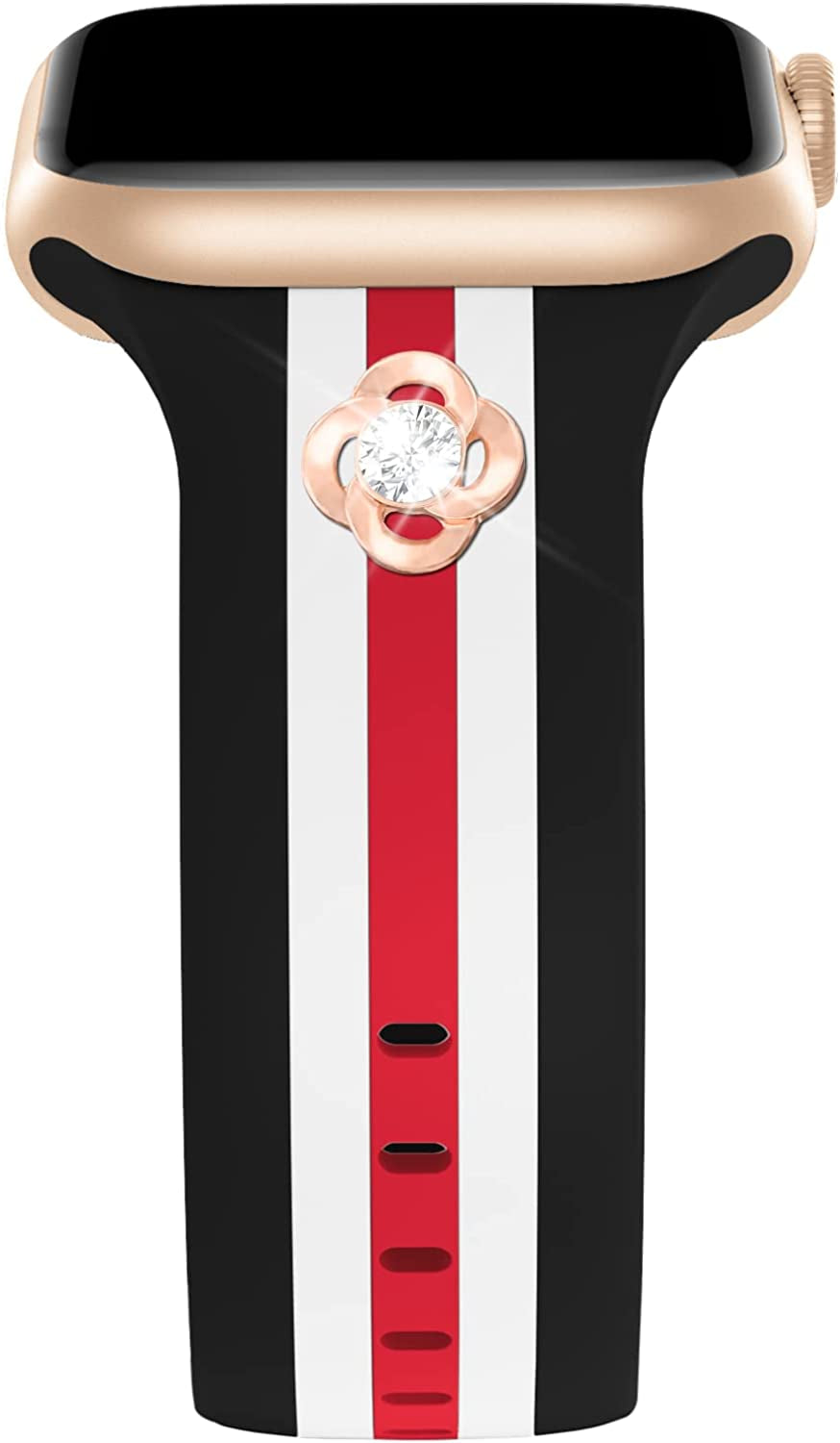 Designer Band with Charms Decor Compatible with Apple Watch Band 38Mm 40Mm 41Mm 42Mm 44Mm 45Mm 49Mm Women Men, Stylish Silicone Sport Wristbands for Iwatch Series 8 7 6 5 4 3 2 1 SE Ultra  Bagoplus Black/Red/White-Diam-Rose 38mm/40mm/41mm 