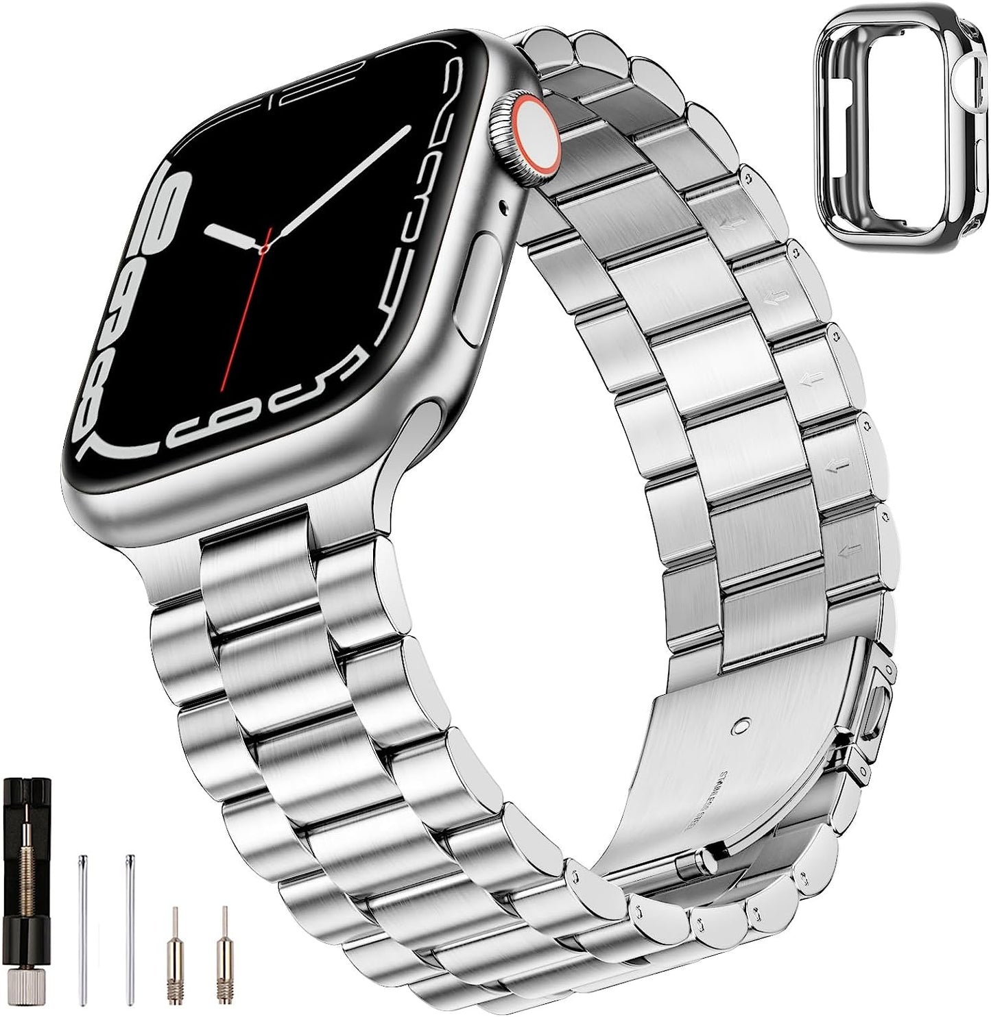SUNFWR Compatible with Apple Watch Band 45Mm 44Mm 42Mm for Men Women, Stainless Steel Metal Iwatch Band with Case for Apple Watch Series 8/7/6/5/4/3/2/1/SE/SE2 (Black, 42Mm/44Mm/45Mm)  SUNFWR Silver 38mm/40mm/41mm 