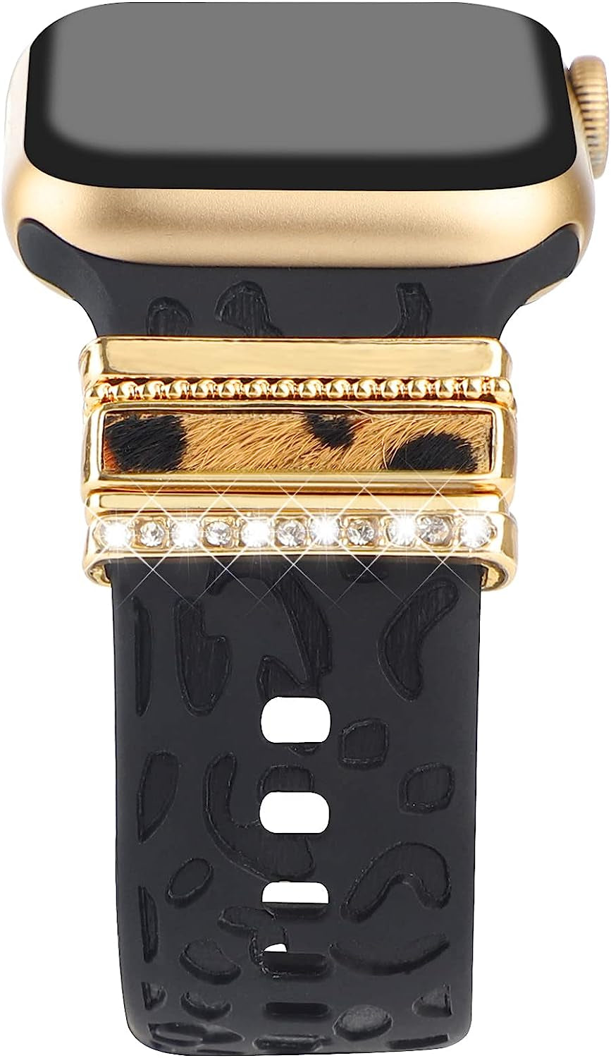 Decorative Rings Loops Compatible with Apple Watch Silicone Bands Charms 45Mm 44Mm 42Mm 41Mm 40Mm 38Mm Iwatch Series 8 7 6 5 4 3 2 1 Watchband Metal Diamond Charms Accessories (No Band)  FERJITGR Golden Cheetah  