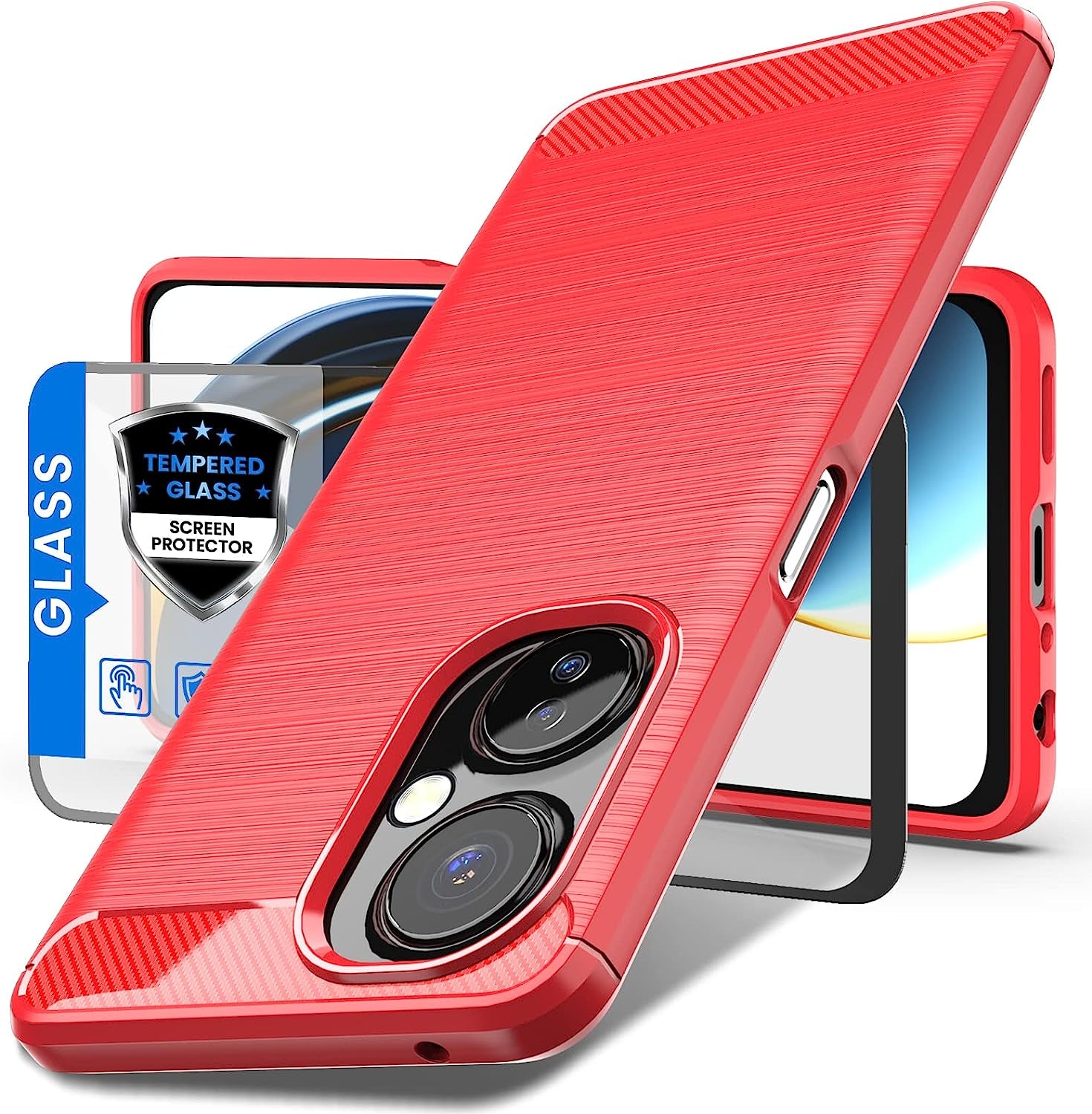 Dretal for Oneplus Nord N30 5G Case with Tempered Glass Screen Protector, Shock-Absorption Brushed Flexible Soft TPU Carbon Fiber Protective Cover for Oneplus Nord N30 5G (Ls-Navy)  Dretal Red Oneplus Nord N30 5G 