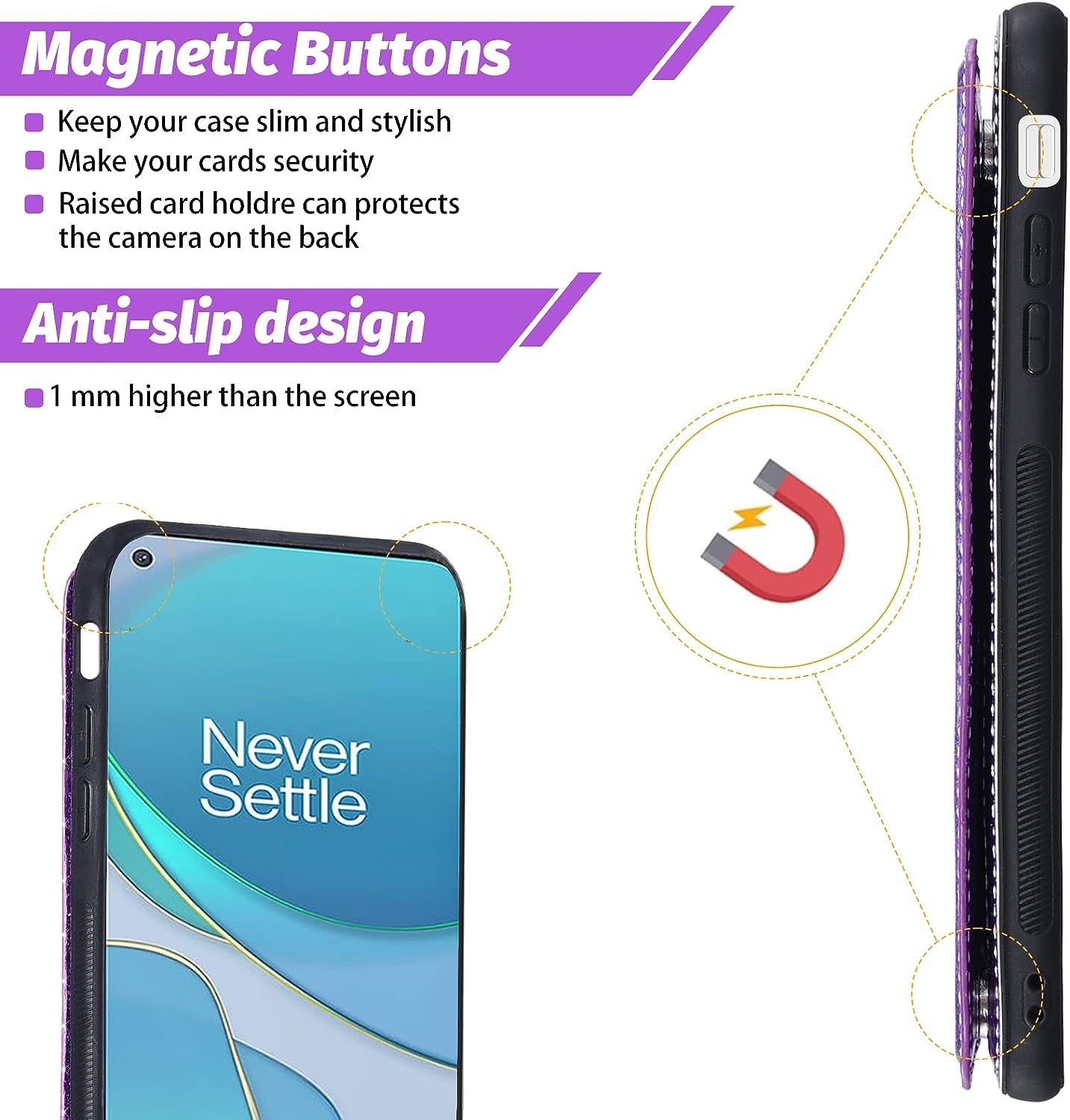 Asuwish Phone Case for Oneplus 8T Oneplus8T plus 9R 5G Wallet Cover with Screen Protector and Card Holder Bling Glitter Cell One Plus8T5G on + 1 plus 8Tplus 1Plus 8T+ One+ T8 1+ 1+8T Pro G5 Purple  Asuwish   