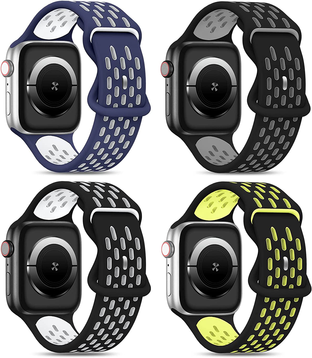 Shalila 4 Pack Sport Bands Compatible with Apple Watch Band 49Mm 45Mm 44Mm 42Mm 41Mm 40Mm 38Mm for Men Women, Silicone Breathable Wristband Replacement Strap for Iwatch Ultra Series 8/7/SE/6/5/4/3/2/1  Shalila Blue Whtie/Black Grey/Black White/Black Green 38/40/41mm 