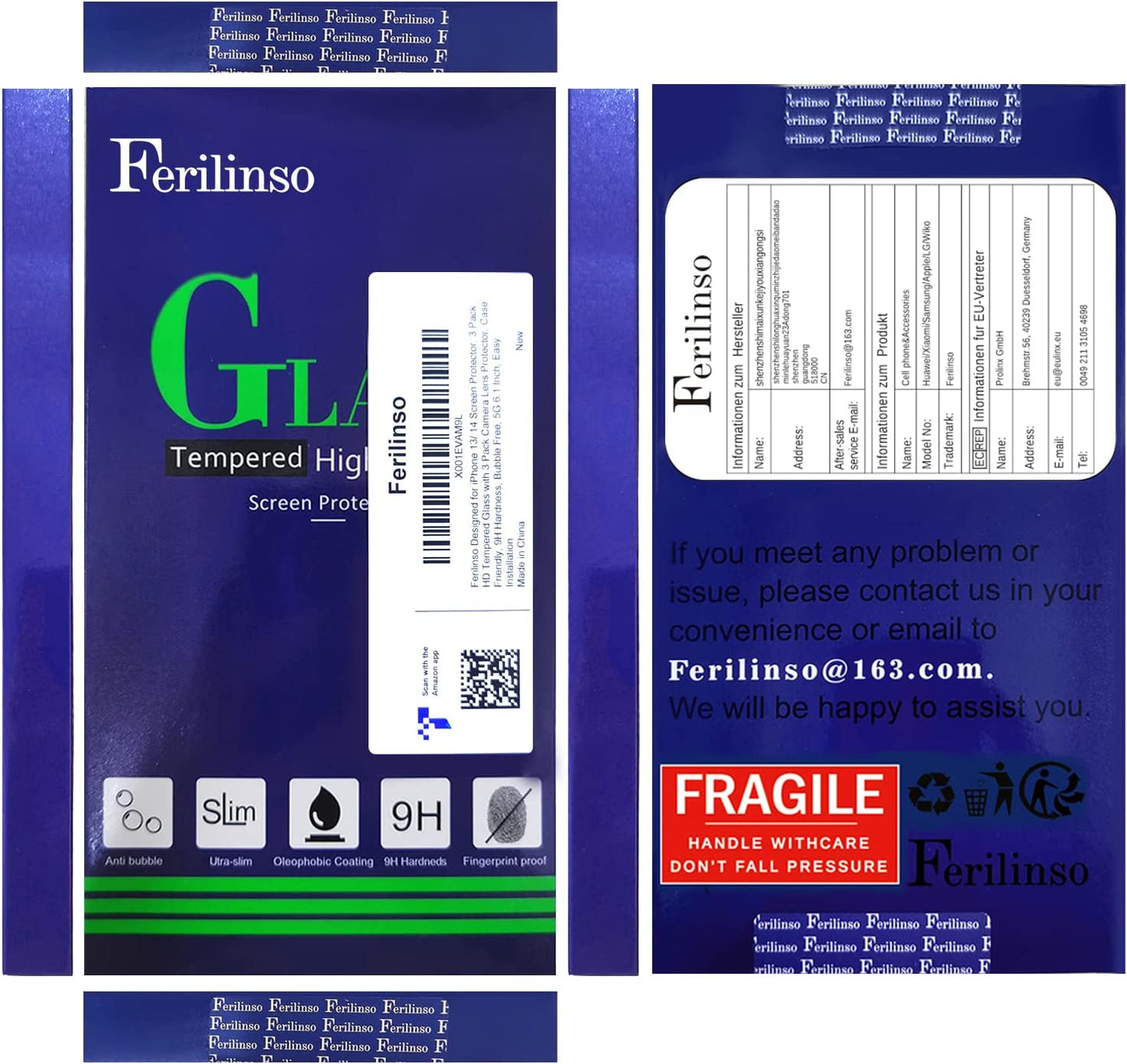 Ferilinso [6-In-1] for Apple Iphone 14 & 13 Screen Protector Accessories 3 Pack 9H Tempered Glass 2 Pack HD Camera Lens Protector Cover Protection Case Friendly Mounting Frame Protector De Pantalla  Ferilinso   