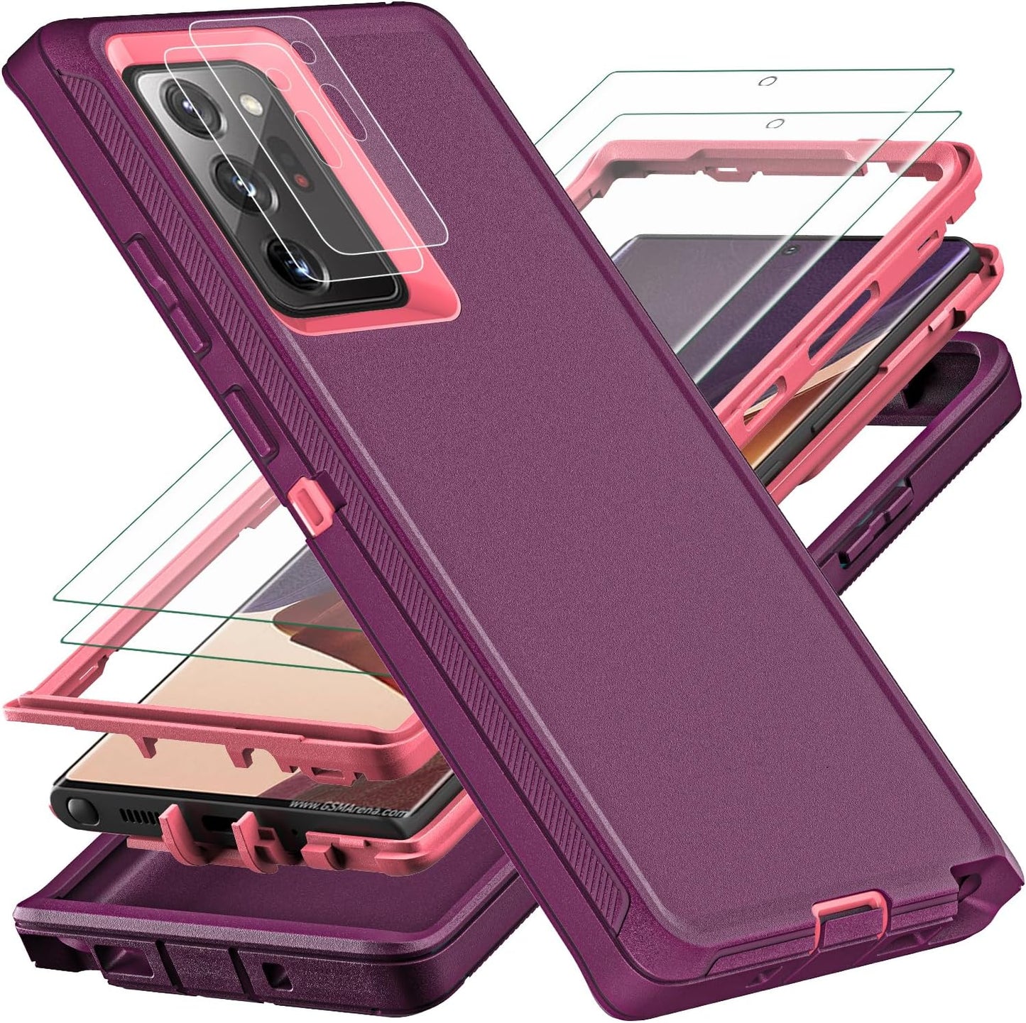 YKHJKLEC for Samsung Galaxy Note 20 Ultra Case, with 2Pcs [Self Healing Flexible TPU Screen Protector & Camera Lens Protector] 3 in 1 Heavy Duty Case for Galaxy Note 20 Ultra 5G (Black/Grey)  YKHJKLEC Purple/Pink  