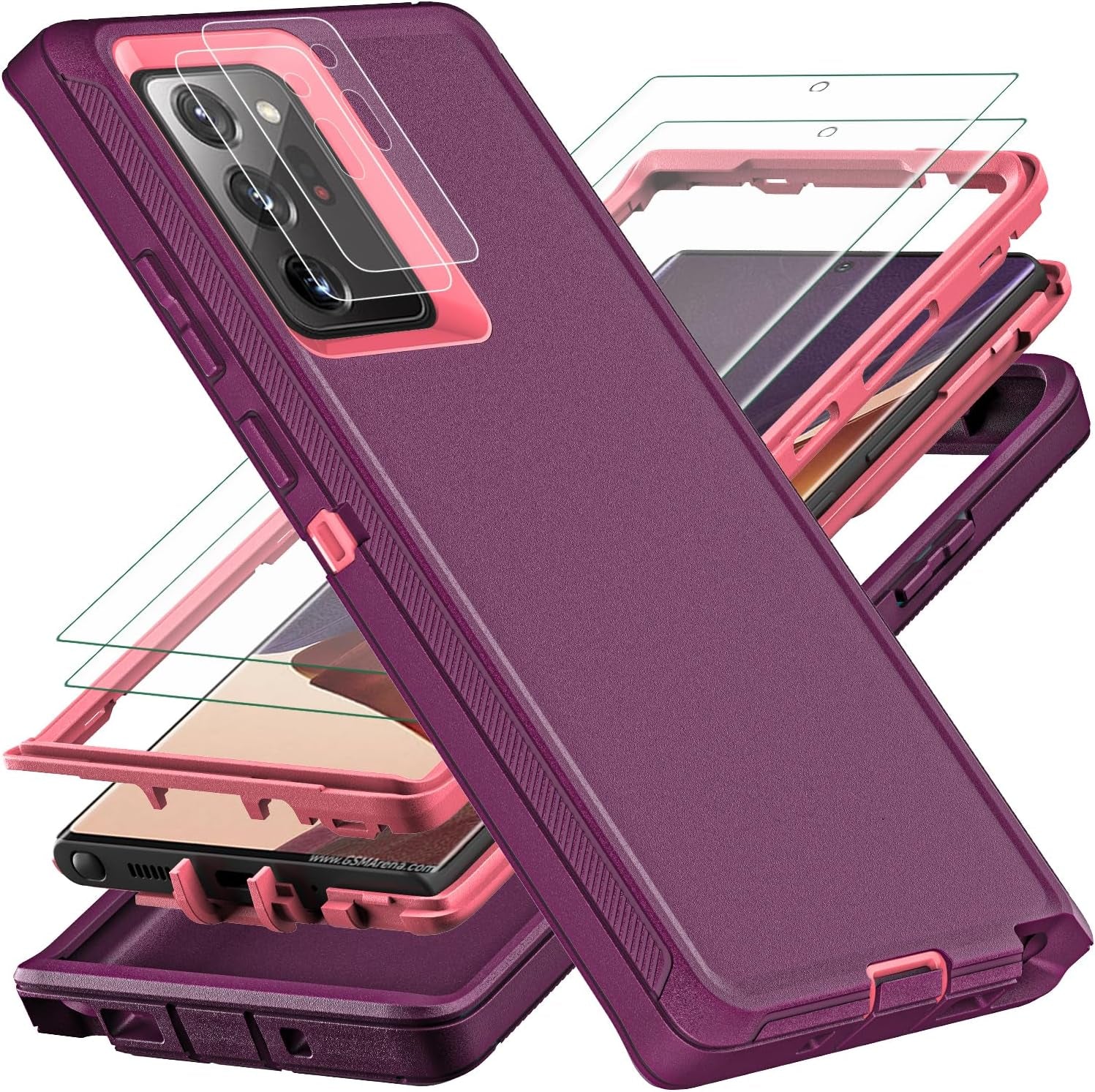 YKHJKLEC for Samsung Galaxy Note 20 Ultra Case, with 2Pcs [Self Healing Flexible TPU Screen Protector & Camera Lens Protector] 3 in 1 Heavy Duty Case for Galaxy Note 20 Ultra 5G (Black/Grey)  YKHJKLEC Purple/Pink  