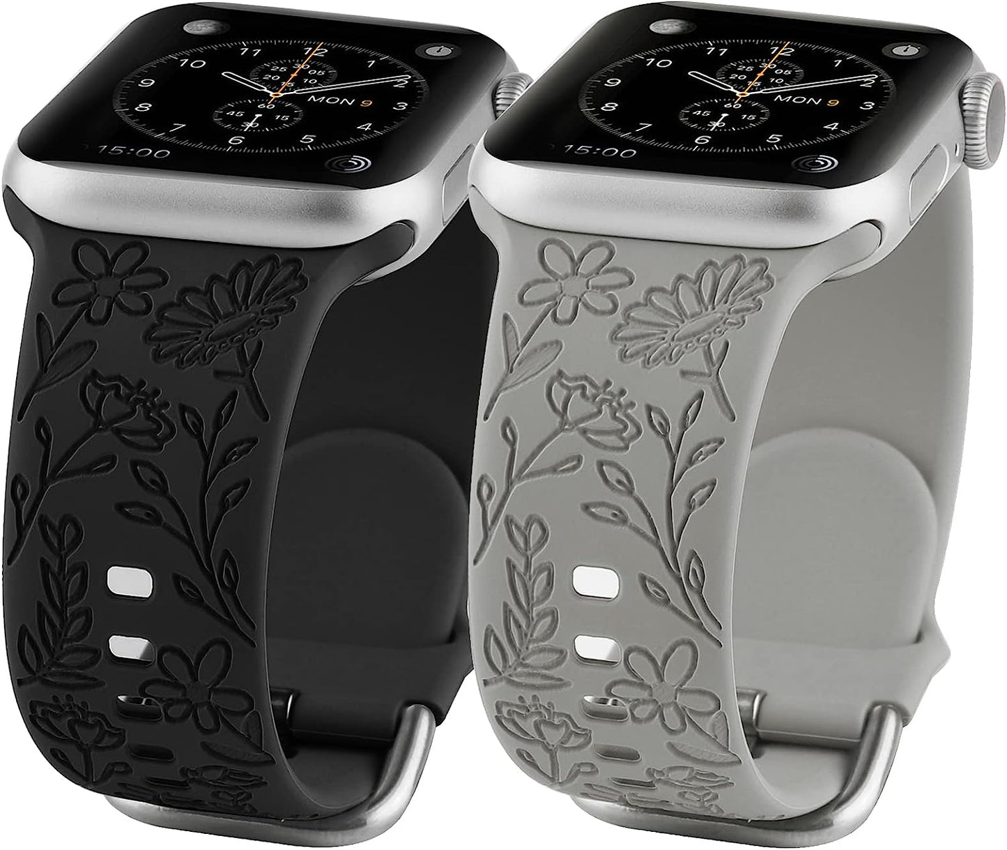 2 Pack Flower Engraved Sport Strap Compatible with Apple Watch Bands 38Mm 40Mm 41Mm, Women Floral Laser Soft Silicone Wristband Replacement Iwatch Series 8 7 6 5 4 3 2 1 SE  TERKOWQI Black Grey 38/40/41mm 