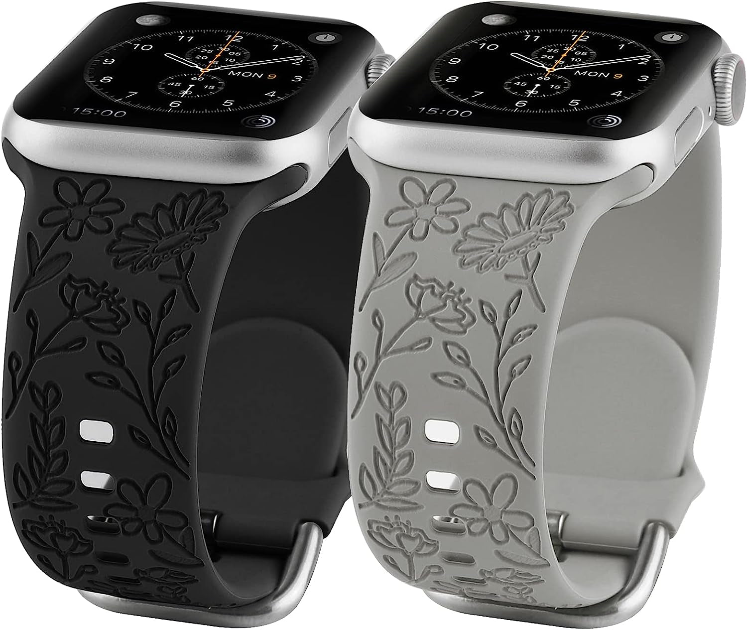 2 Pack Flower Engraved Sport Strap Compatible with Apple Watch Bands 38Mm 40Mm 41Mm, Women Floral Laser Soft Silicone Wristband Replacement Iwatch Series 8 7 6 5 4 3 2 1 SE  TERKOWQI Black Grey 38/40/41mm 