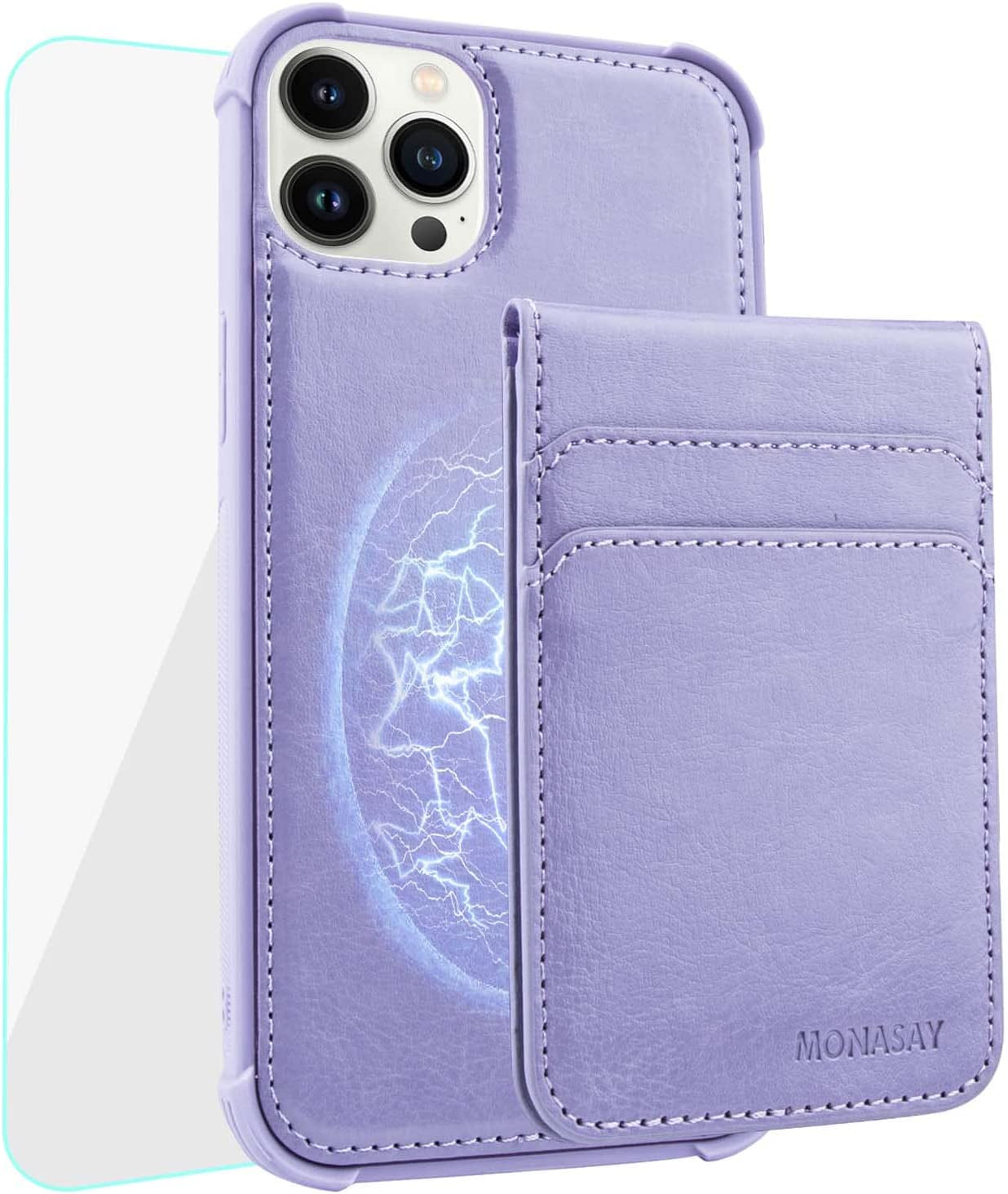 MONASAY Magwallet Case for Iphone 13 Pro Max,[Support Magsafe Wireless Charging][Glass Screen Protector] Flip Magnetic Leather Wallet Phone Cover with Detachable RFID Blocking Card Holder, Dark Green  MONASAY Light purple  
