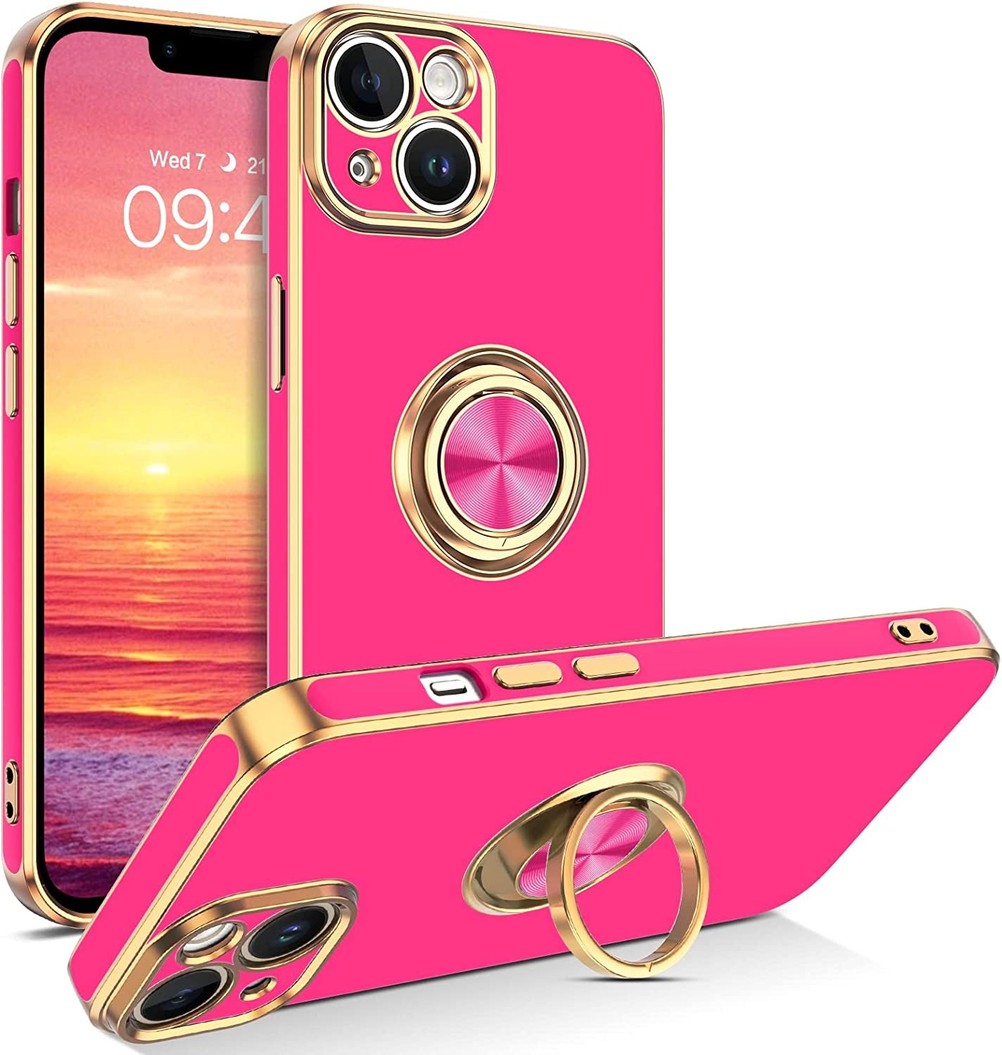VENINGO Iphone 14 Case,Phone Cases for Iphone 14,Slim Fit Soft 360° Ring Holder Kickstand Magnetic Car Mount Supported Easy Clean Shockproof Protective Cover for Apple Iphone 14 6.1" 2022, Deep Blue  VENINGO RN266-Hot Pink  