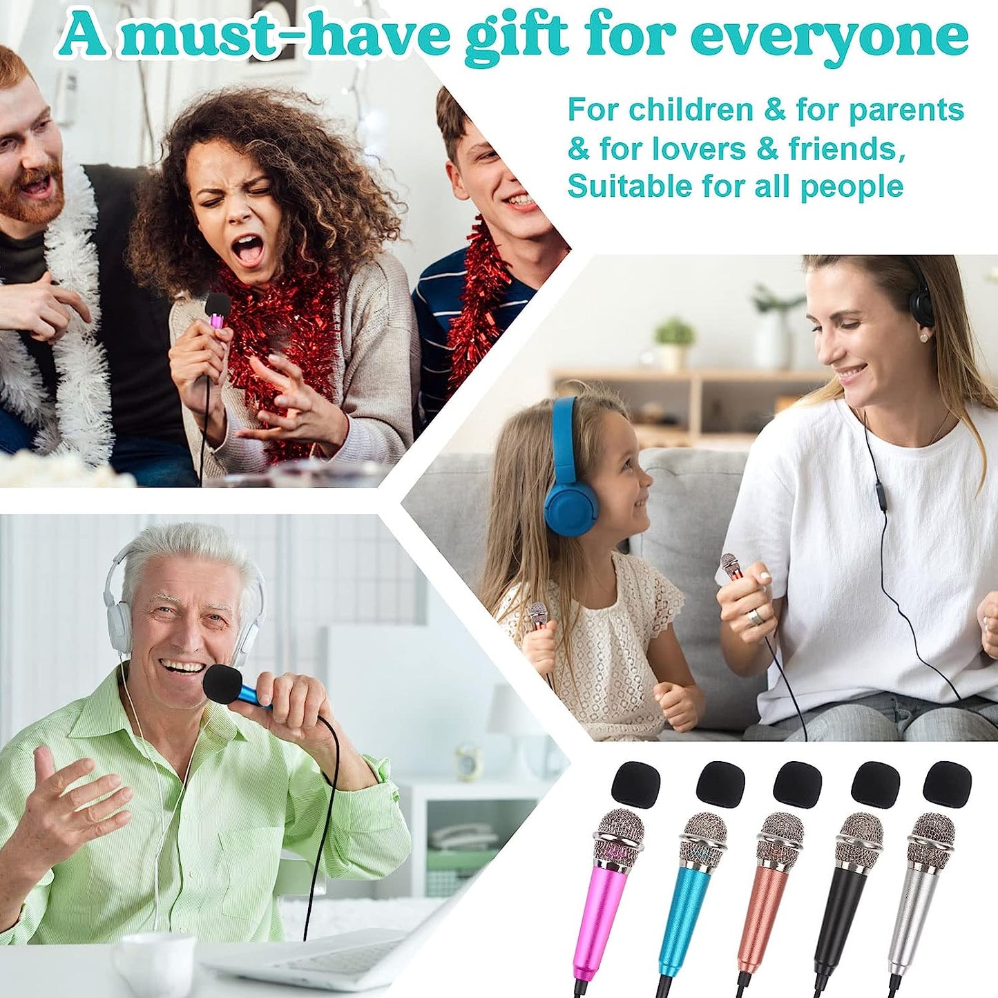 5-Piece Mini Microphone Tiny Microphone Mini Mic for Recording Voice and Singing on Iphone, Android Phones or Tablet, Metal, with 113 Cm Cord, 3.5 Mm Input (Rose Red, Rose Gold, Silver, Blue, Black)  Hopeson   