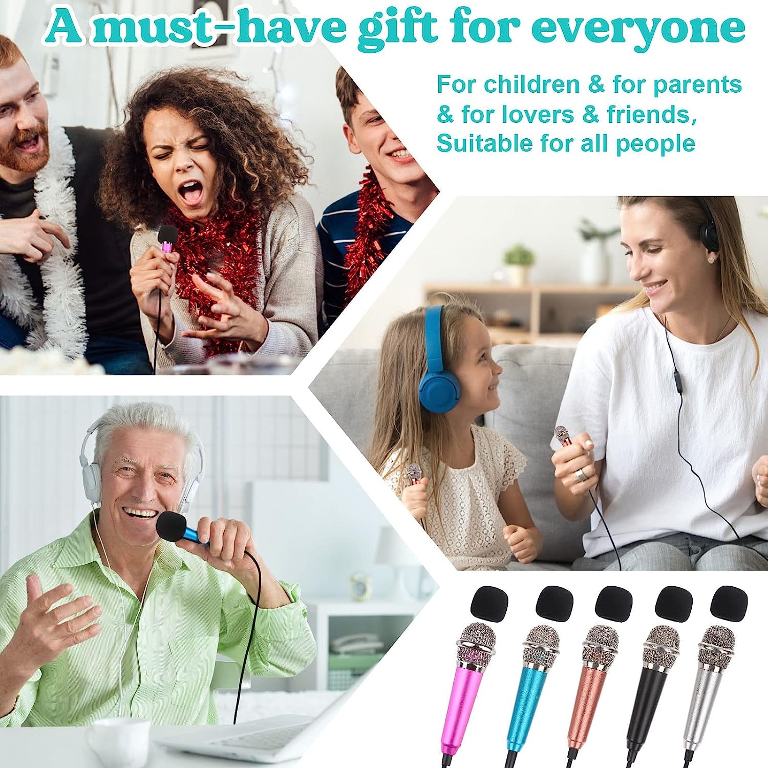 5-Piece Mini Microphone Tiny Microphone Mini Mic for Recording Voice and Singing on Iphone, Android Phones or Tablet, Metal, with 113 Cm Cord, 3.5 Mm Input (Rose Red, Rose Gold, Silver, Blue, Black)  Hopeson   