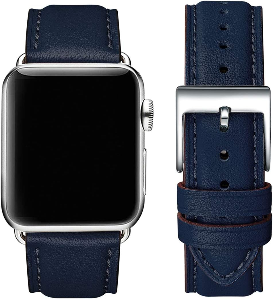 OMIU Square Bands Compatible with Apple Watch Band 38Mm 40Mm 41Mm 42Mm 44Mm 45Mm 49Mm, Genuine Leather Wristband Starp for Iwatch SE Series 8 7 6 5 4 3 2 1 Utral for Women Men(Ivory White/Rose Gold)  BestWayStore Dark Blue/Silver 38mm 40mm 41mm 