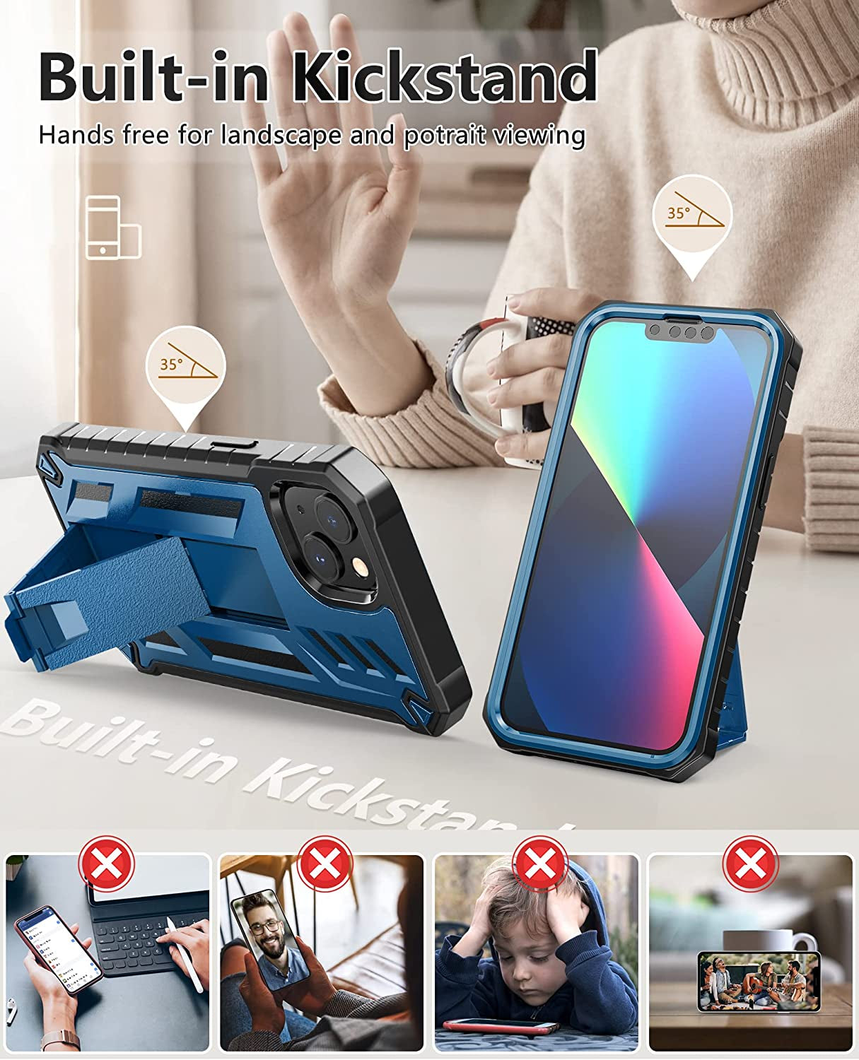 For Iphone 13-14 Case Protective Cover: Heavy Duty Military Grade Hard Protection with Belt Clip | Shock Proof Grip Durable Design Iphone 13 Cell Phone Case with Built-In Kickstand (Belt-Clip Blue)  SOiOS   