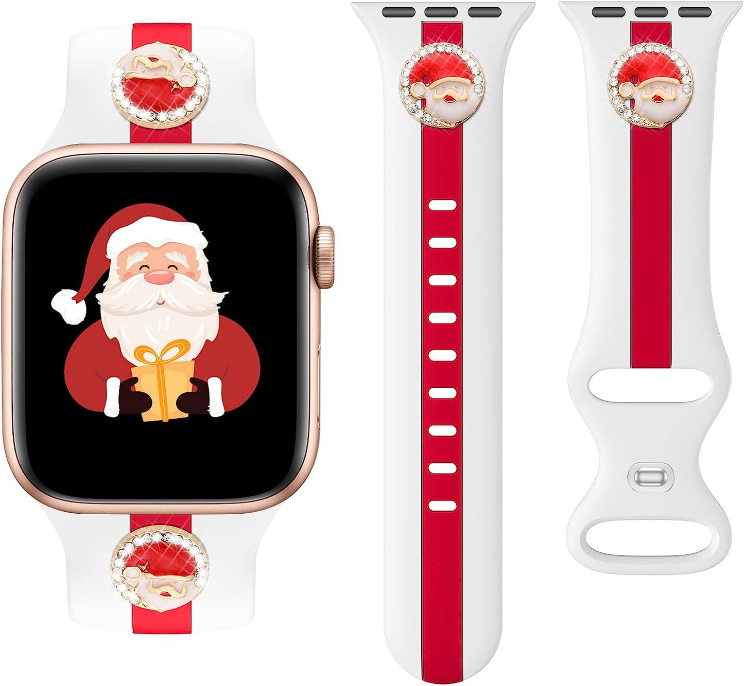 Designer Sport Band Compatible with Apple Watch Iwatch Bands 38Mm 40Mm 41Mm 42Mm 44Mm 45Mm 49Mm Men Women, Soft Silicone Strap Wristbands for Apple Watch Series 8/7/6/5/4/3/2/1/Se/Ultra  seizehe White Red with christmas charm 38mm/40mm/41mm 