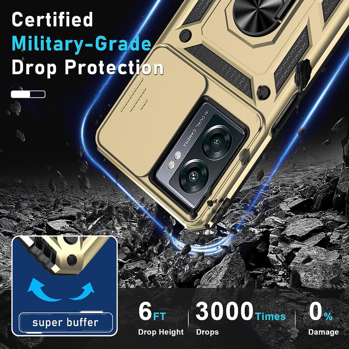 Janmitta Oneplus Nord N300 5G Case Built in Slide Camera Lens Cover and Screen Protector,Heavy Duty Shockproof Full Body Protective Phone Cover,Built in Finger Ring Stable Holder Kickstand,2022 Gold  Janmitta   