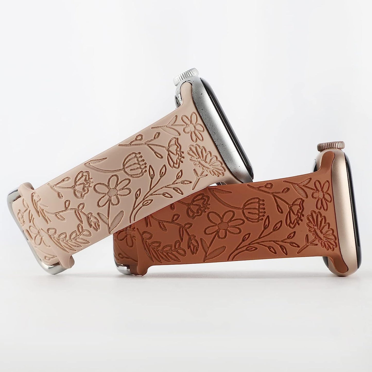 2 Pack Flower Engraved Sport Strap Compatible with Apple Watch Bands 38Mm 40Mm 41Mm, Women Floral Laser Soft Silicone Wristband Replacement Iwatch Series 8 7 6 5 4 3 2 1 SE  TERKOWQI   