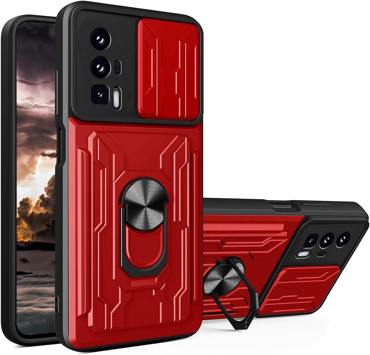 Tncavo for Xiaomi Poco F5 PRO 5G Case with Card Holder, Military Grade Shockproof Heavy Duty Protective with Rotating Ring Kickstand & Camera Cover for Redmi K60/ K60 PRO 5G LJ Blue  Tncavo Red Full 