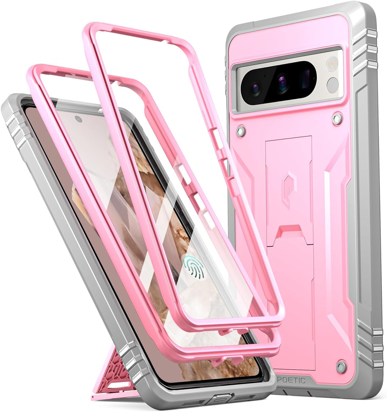 Poetic Revolution Case for Google Pixel 8 Pro 5G 6.7 Inch, Built-In Screen Protector Work with Fingerprint ID, Full Body Rugged Shockproof Protective Cover Case with Kickstand, Black  Poetic Light Pink  