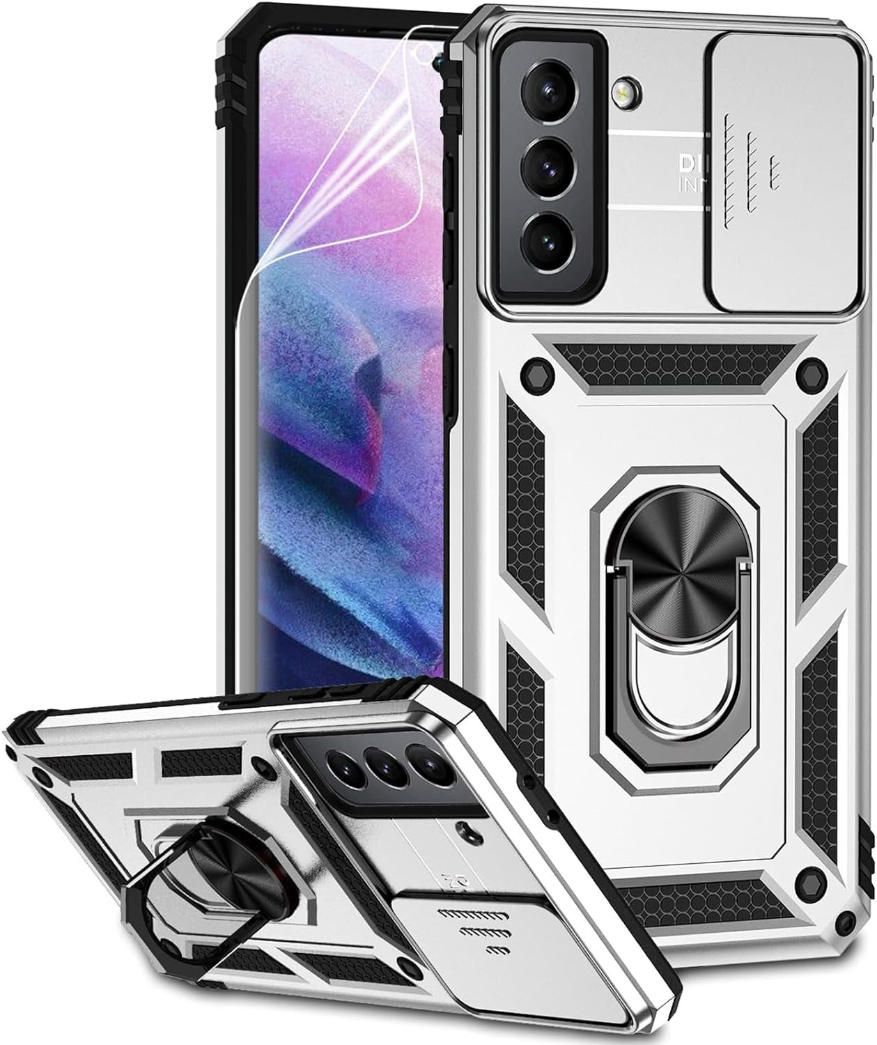 For Samsung Galaxy S21 plus Case with Camera Lens Cover HD Screen Protector, Military-Grade Drop Tested Magnetic Ring Holder Kickstand Protective Phone Case for Samsung Galaxy S21+ plus 5G (Navy Blue)  JINZHI Inc Silver With Camera Cover Military-Grade 2Nd Gen  