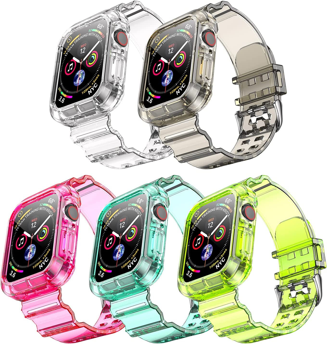 Clear Watch Band for Apple Watch 38Mm 40Mm 41Mm Transparent Crystal Bumper Case Band Compatible with Apple Watch Series 8 SE 7 6 5 4 3 2 1 (Black 38/40/41Mm)  NotoCity clear+black+red+yellow+green 42/44/45mm 