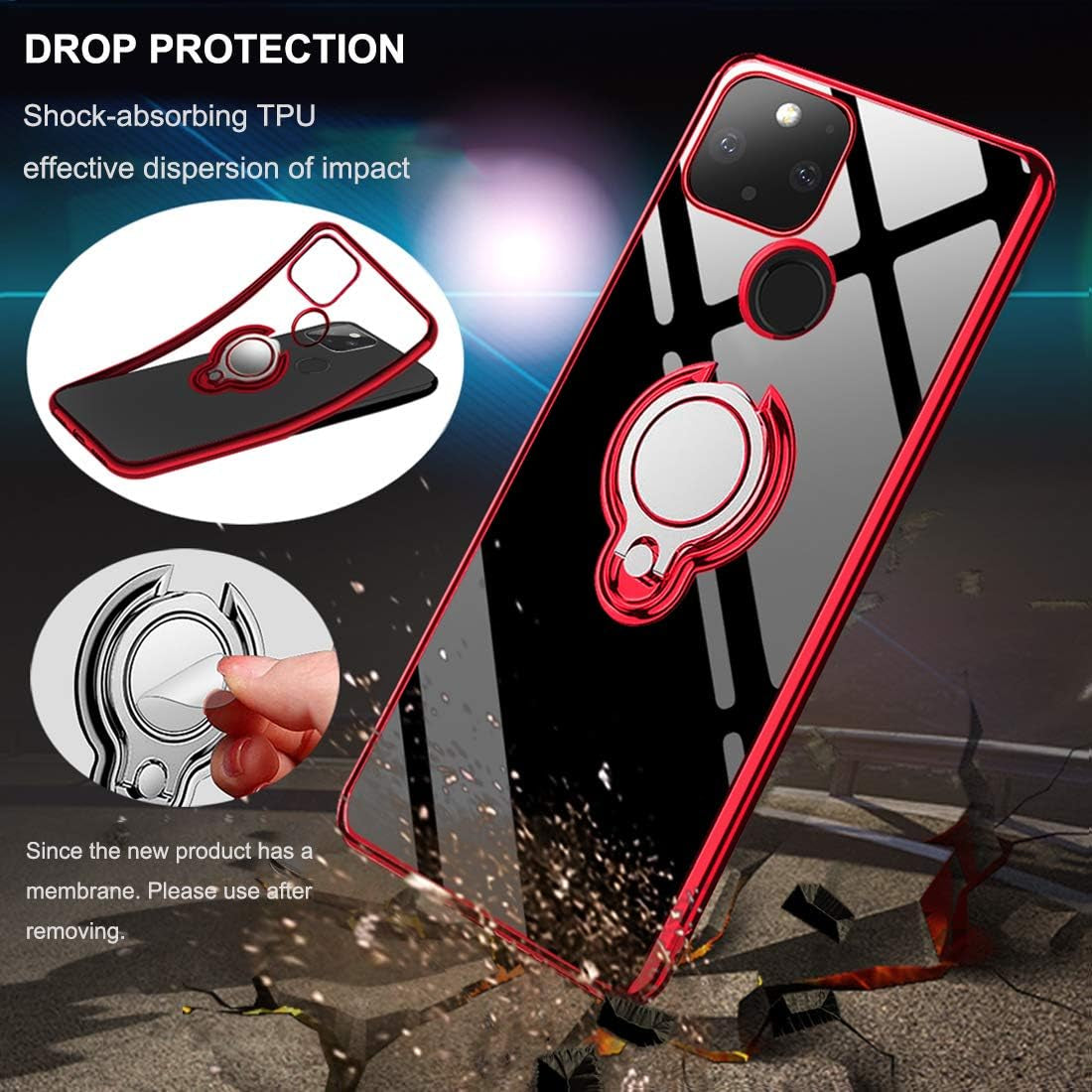 Google Pixel 4A 5G Case Crystal Clear Soft Silicone Case with 360° Rotatable Ring Holder Kickstand TPU Case Slim Fit Cover for Pixel 4A 5G (2020) 6.2" - Red  Guuboly   