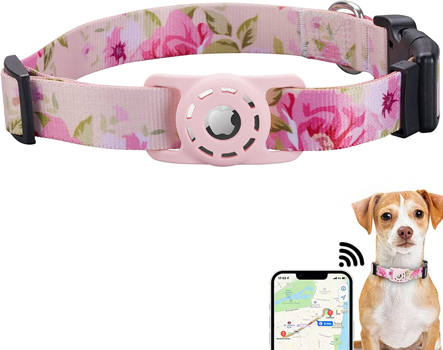 KONITY Reflective Airtag Dog Collar, Compatible with Apple Airtag, Nylon Pet Cat Puppy Collar with Silicone Airtag Holder for Small, Medium, Large, and Extra Large Dogs  Konity Pink Rose S: 9.8"-15.7" neck 