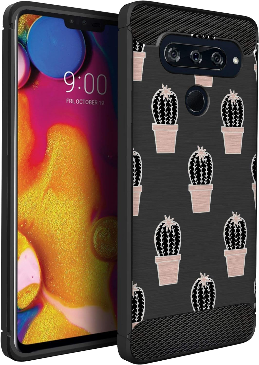 Casesondeck Case Compatible with [LG V40 Thinq] Tribal Floral Matte TPU Flexible Carbon Fiber Textured (Dreamcatcher)  CasesonDeck Pink Cactus  