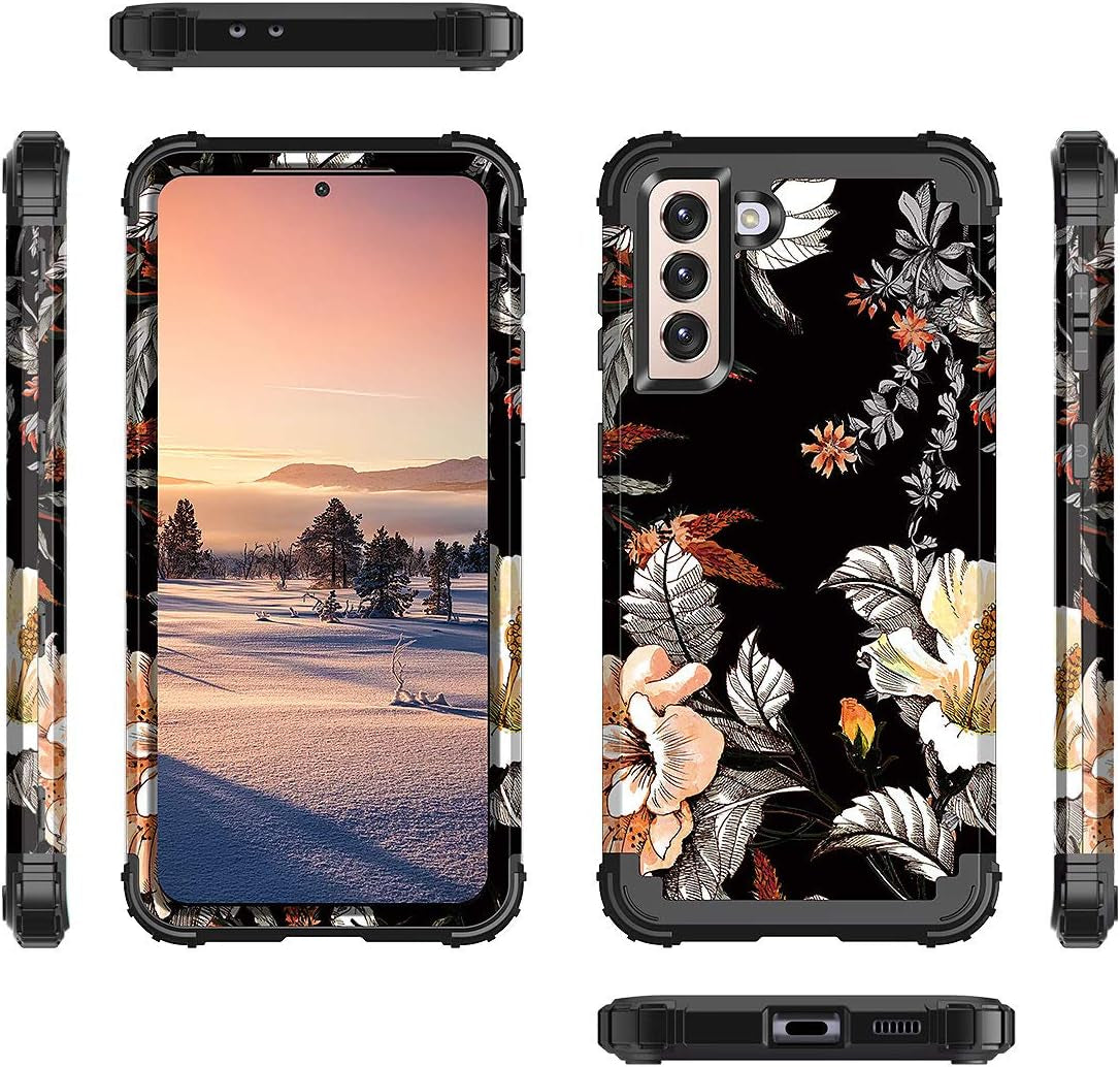 Casetego for Galaxy S21 5G Case,Floral Three Layer Heavy Duty Sturdy Shockproof Soft Tpu+Hard PC Protective Cover Case for Samsung Galaxy S21 5G 6.2 Inch,Orange/Black  Casetego   