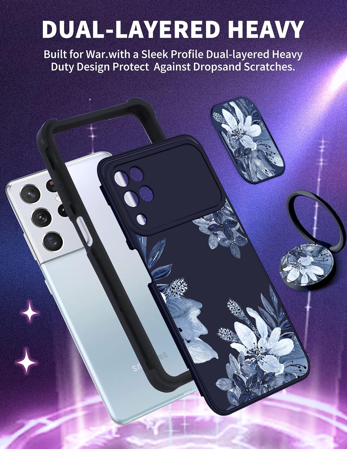 Goocrux for Samsung Galaxy S21 Ultra Case Floral Flowers for Women Girls Cute Girly Phone Cover Blue Flower Plants Design with Slide Camera Cover and Ring Holder Fashion Cases for S21 Ultra 6.8''  Goocrux   