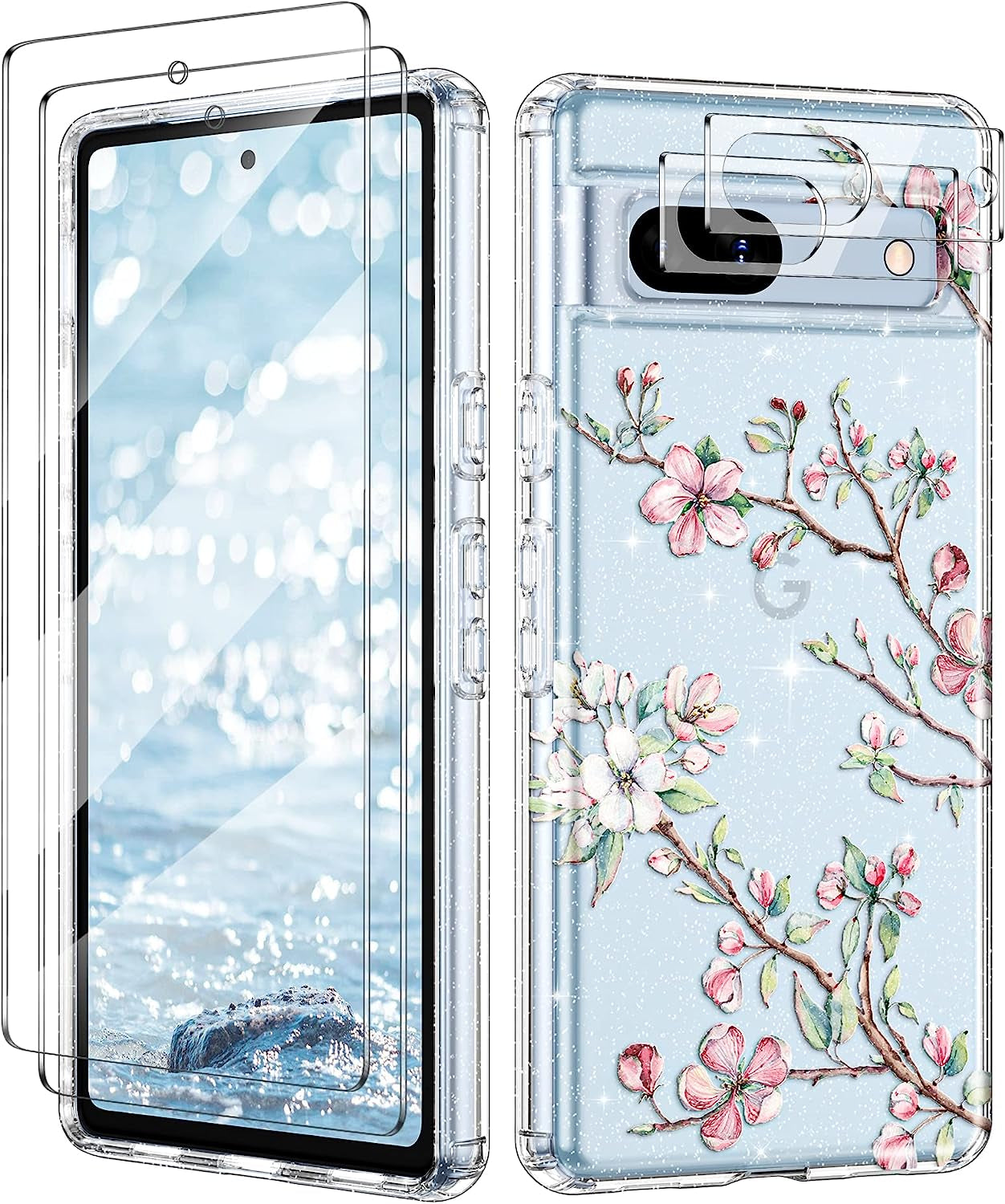 Lamcase Compatible with Google Pixel 7A Case, with 2 Screen Protector + 2 Camera Lens Protector Crystal Bling Sparkly Shiny Soft Flexible TPU Slim Drop Protection for Women Girls, Apricot Flower  Lamcase   