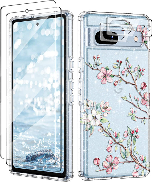 Lamcase Compatible with Google Pixel 7A Case, with 2 Screen Protector + 2 Camera Lens Protector Crystal Bling Sparkly Shiny Soft Flexible TPU Slim Drop Protection for Women Girls, Apricot Flower  Lamcase   