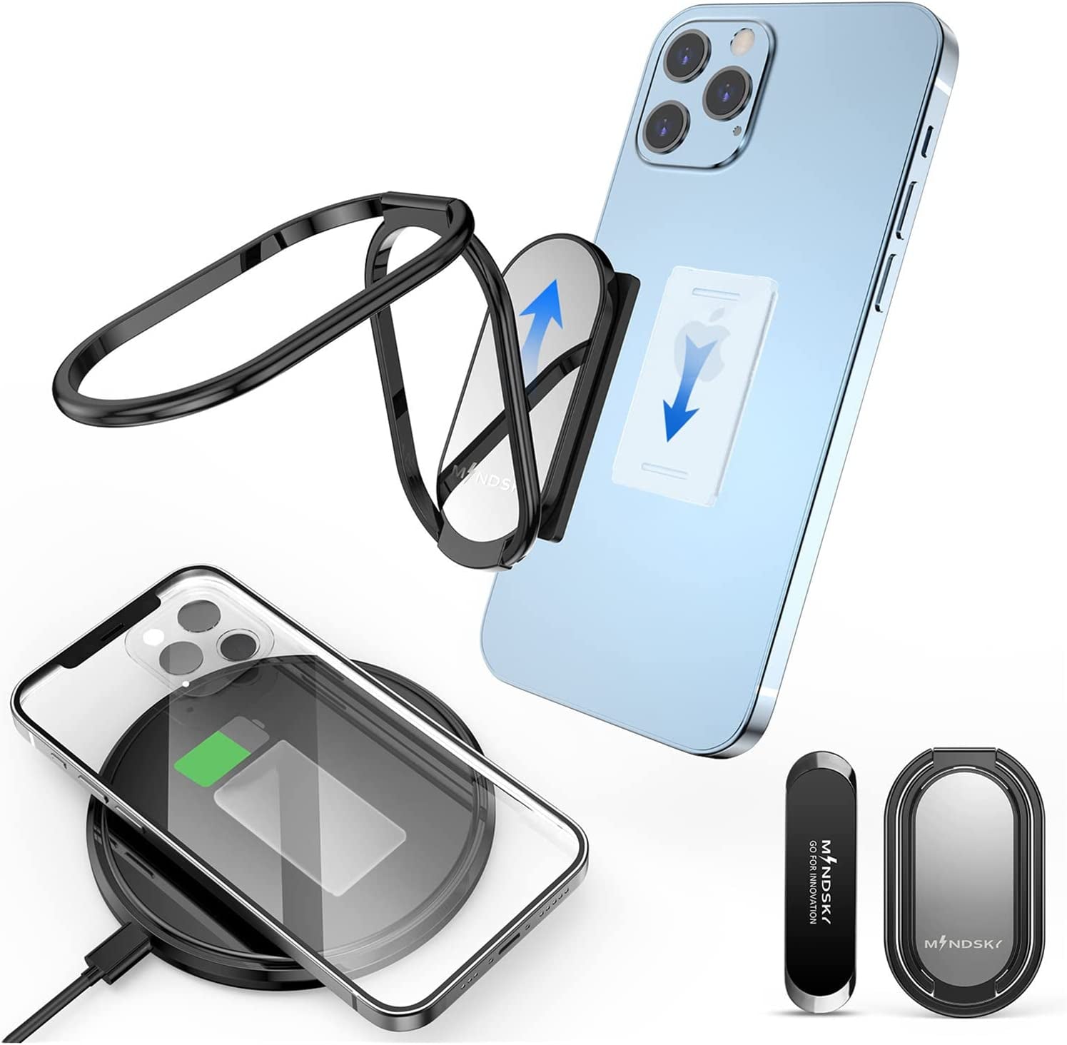 MINDSKY Detachable Phone Ring Holder Removable for Wireless Charging- Cell Phone Ring Grip Finger Holder Stand Compatible with Iphone Smartphones  Mindsky Black  