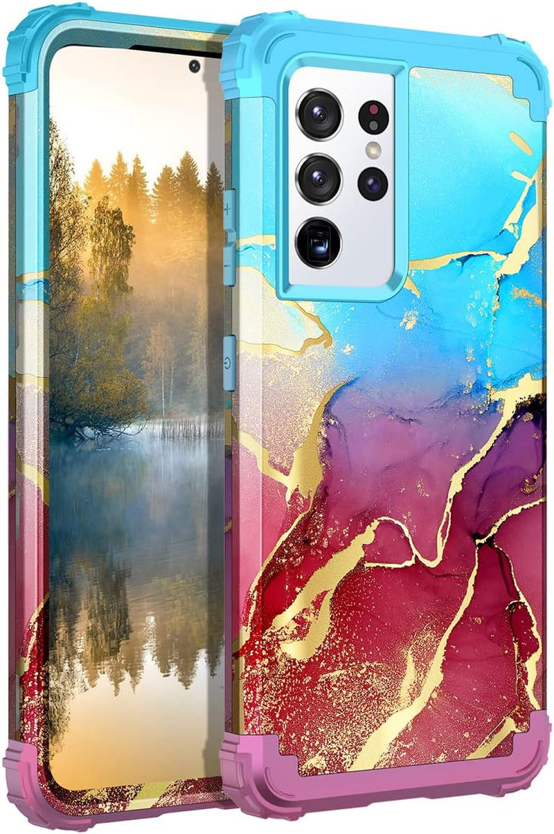 Rancase for Galaxy S21 Ultra 5G Case,Three Layer Heavy Duty Shockproof Protection Hard Plastic Bumper +Soft Silicone Rubber Protective Case for Samsung Galaxy S21 Ultra 5G 6.8 Inch,Purple Mandala  Rancase Red Marble  