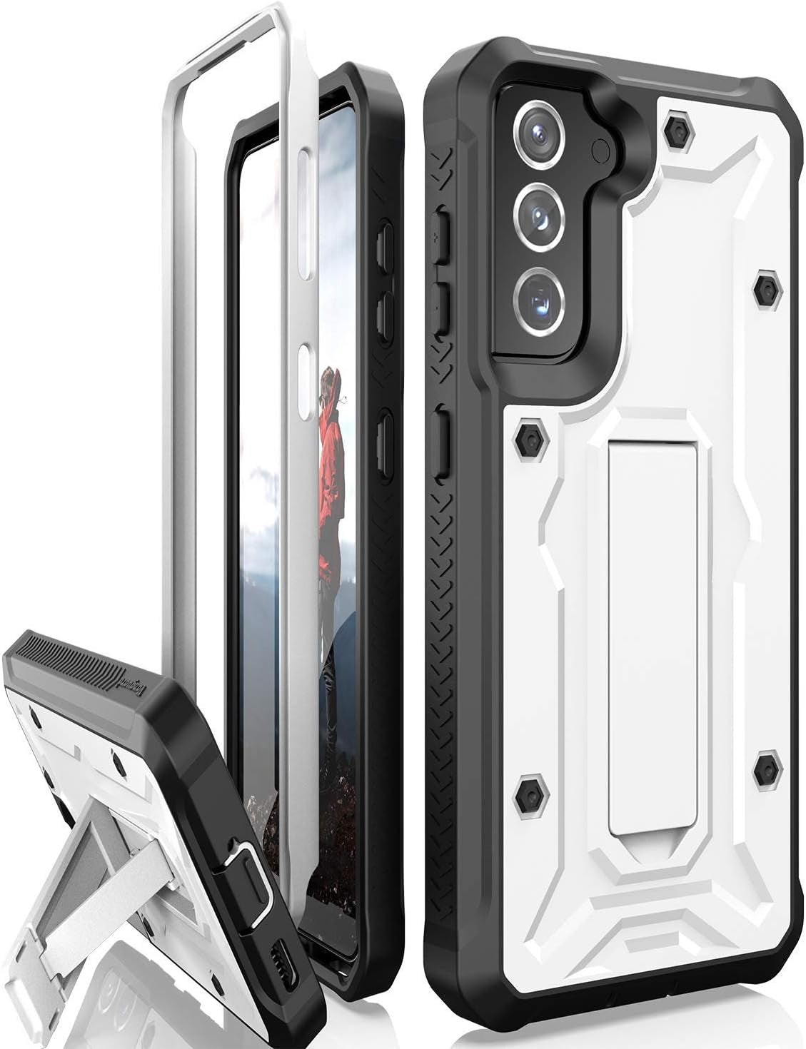 Armadillotek Vanguard Compatible with Samsung Galaxy S21 Case, Military Grade Full-Body Rugged with Built-In Kickstand [Screenless Version] (Black)  ArmadilloTek White+Black  
