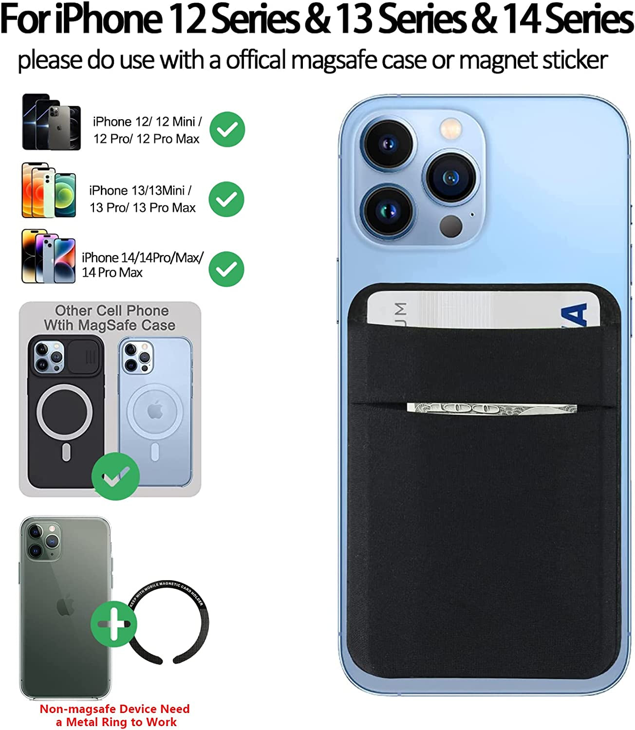 Magnetic Wallet Compatible with Magsafe, Lycra Phone Card Holder Double Layer Card Wallet Compatible with Iphone 14 Pro Max/14 Pro/14/13 Pro Max/13 Pro/13/12 Pro Max/12 Pro/12 (Dark Black)  WUOJI   