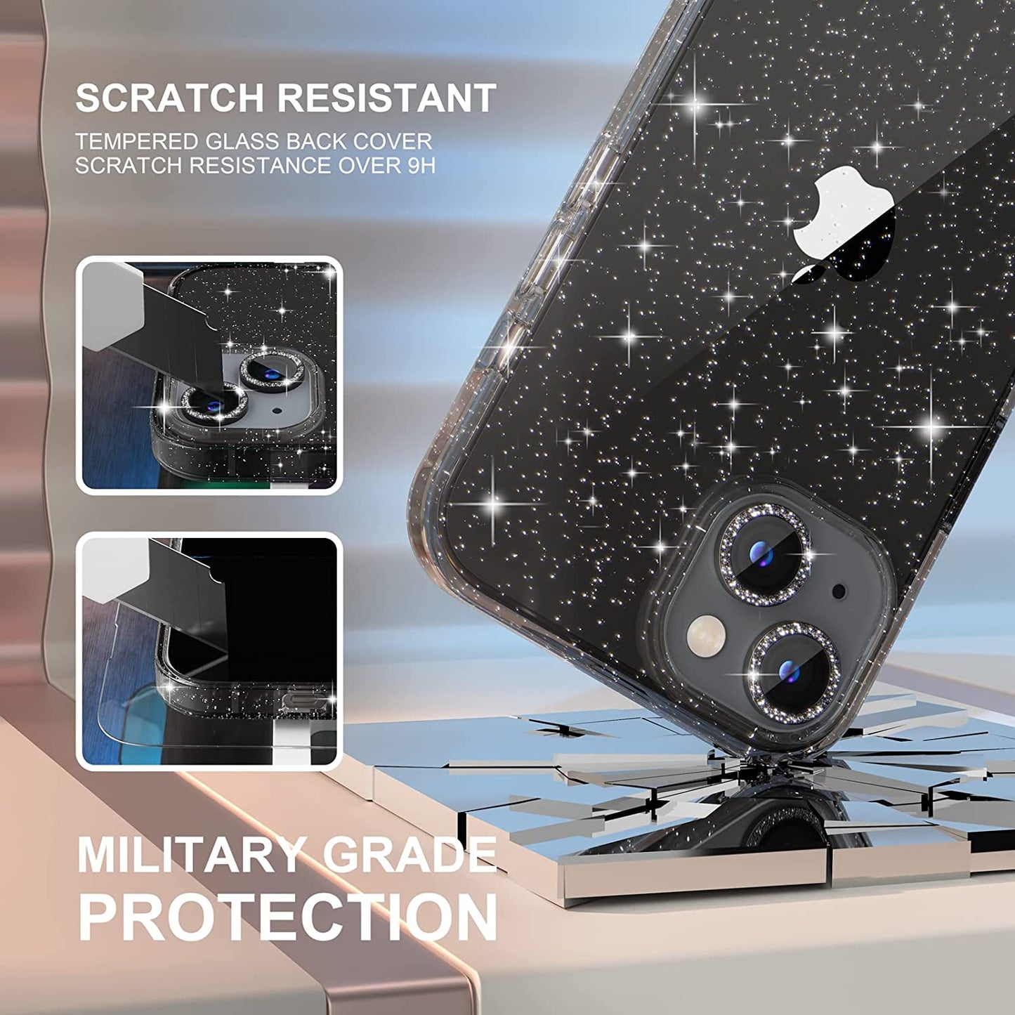 Choiche Compatible for Iphone 14 Case Cute, Women Clear Glitter Bling Sparkly Case, [2 X Diamond Camera Lens Protectors] [2 X Tempered Glass Screen Protectors] 6.1-Inch (Glitter Black)  Choiche   