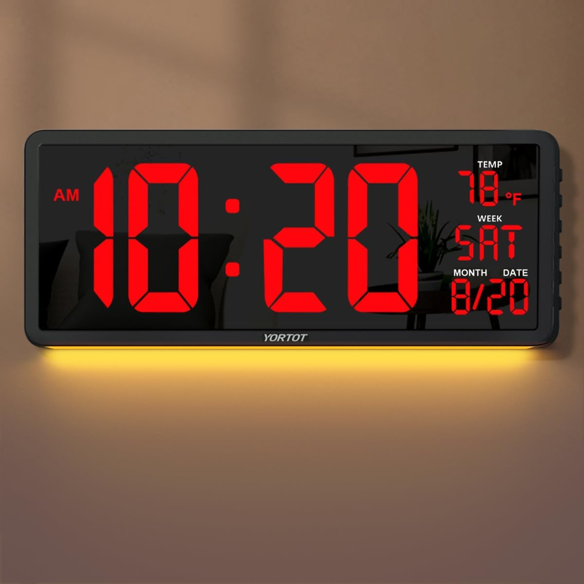 YORTOT 16” Large Digital Wall Clock with Remote Control - Adjustable Dimmer, 7 Color Night Lights, Big LED Clock with Indoor Temperature, Date, Auto DST, 12/24Hour, Wall Mount/Foldable Stand  YORTOT   