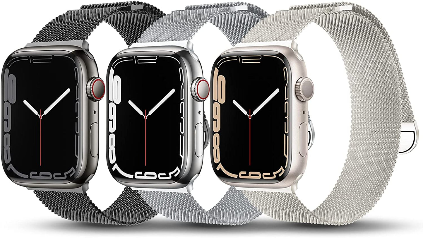 TRA 3 Pack Metal Stainless Steel Bands Compatible with Apple Watch Band 49Mm 45Mm 44Mm 42Mm 41Mm 40Mm 38Mm, Magnetic Mesh Loop Strap Wristband for Iwatch Ultra Series 8/SE/7/6/5/4/3/2/1 Men Women  TRA Black/Silver/Starlight 38/40/41mm 